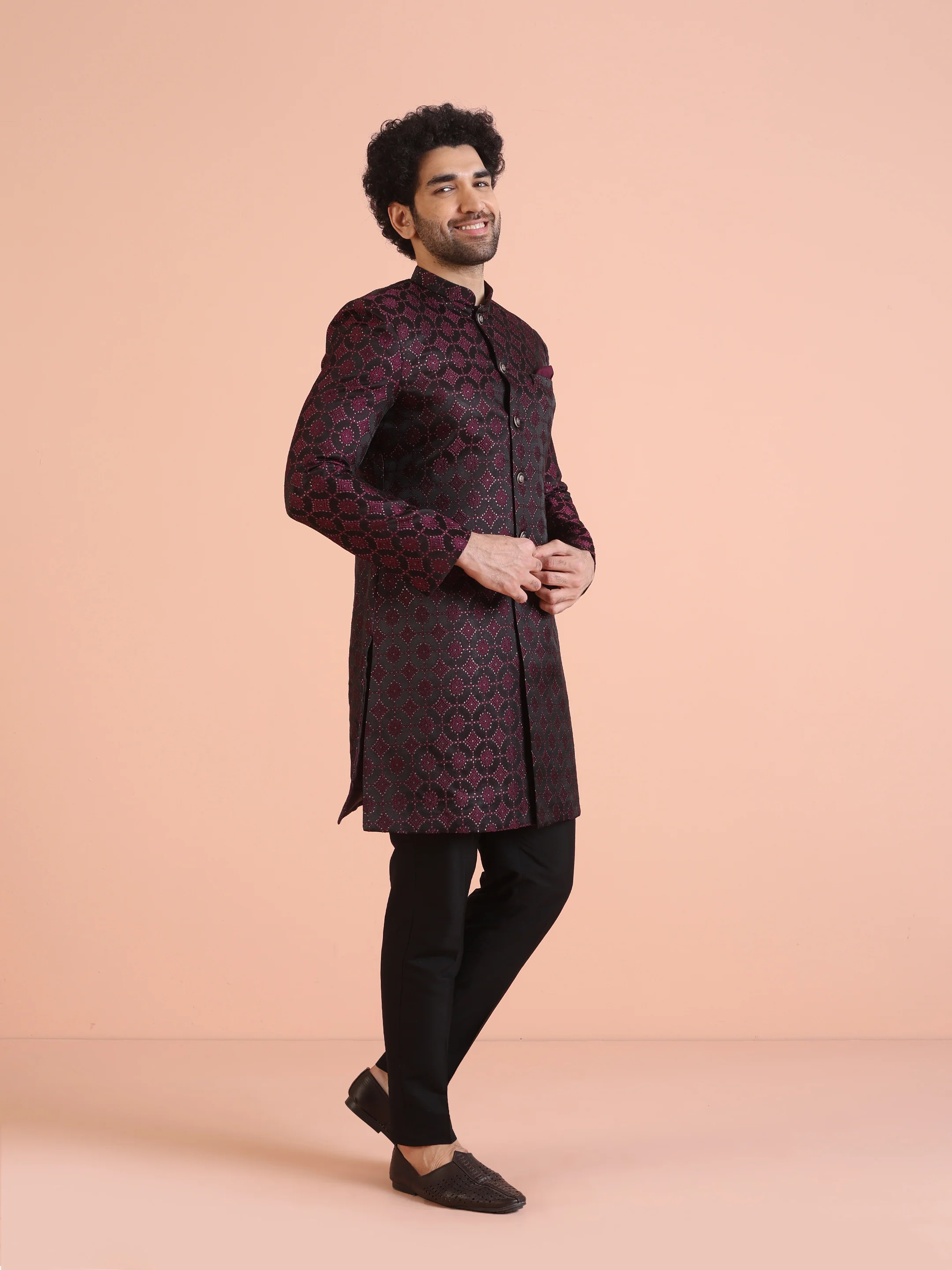 Men Purple Woven Design Indowestern Trouser Set - Image 2