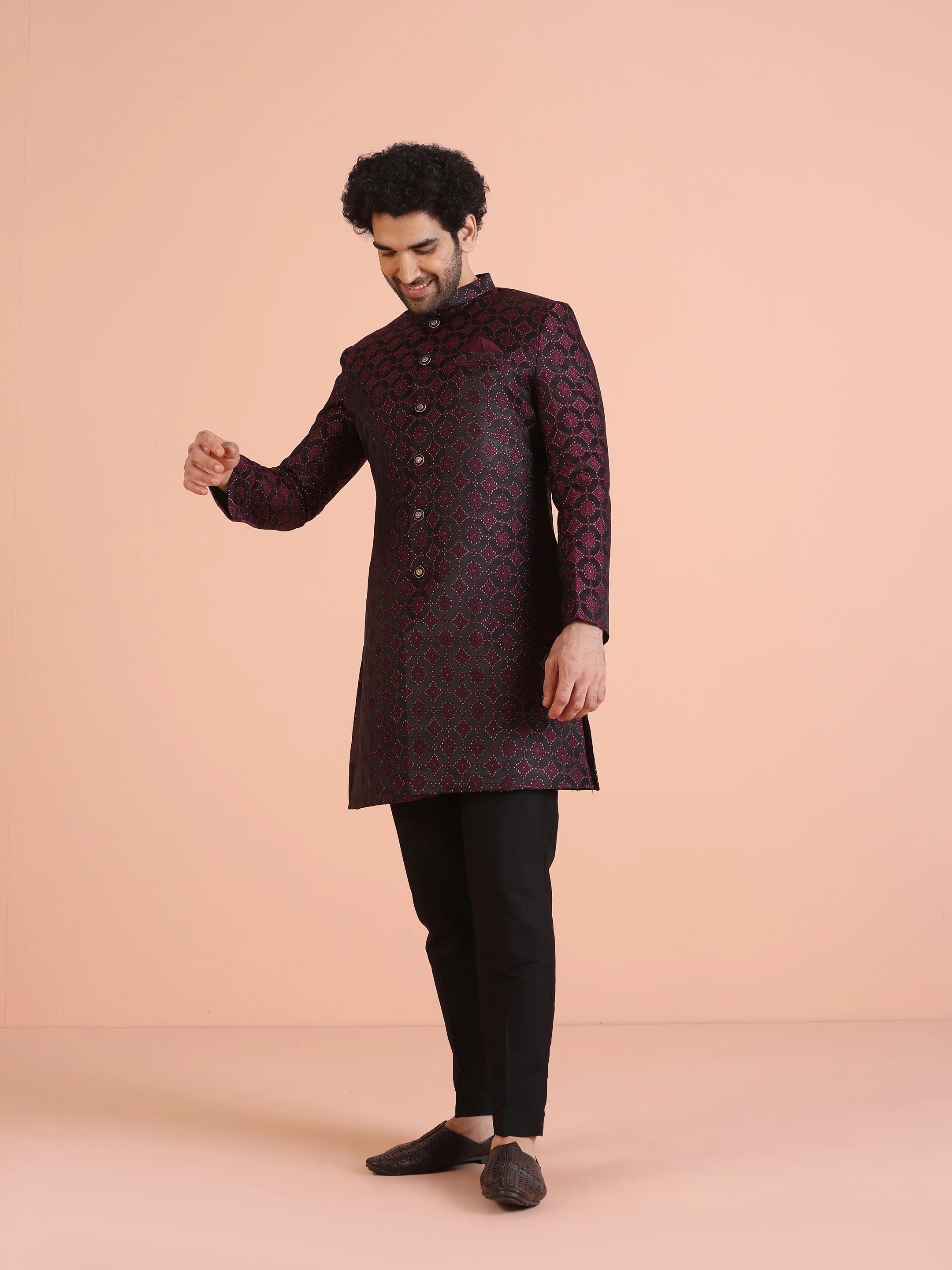 Men Purple Woven Design Indowestern Trouser Set - Image 3