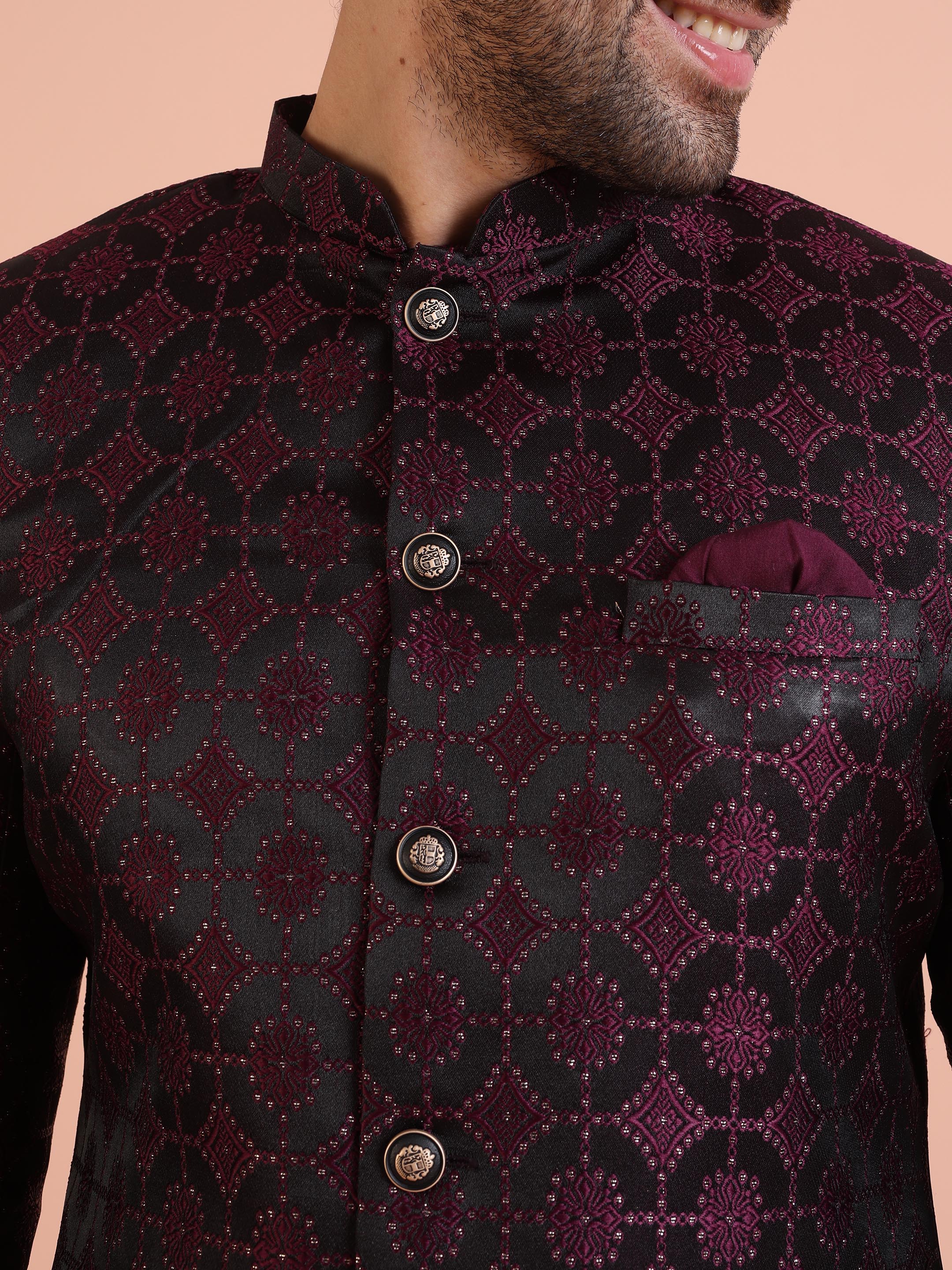 Men Purple Woven Design Indowestern Trouser Set - Image 5