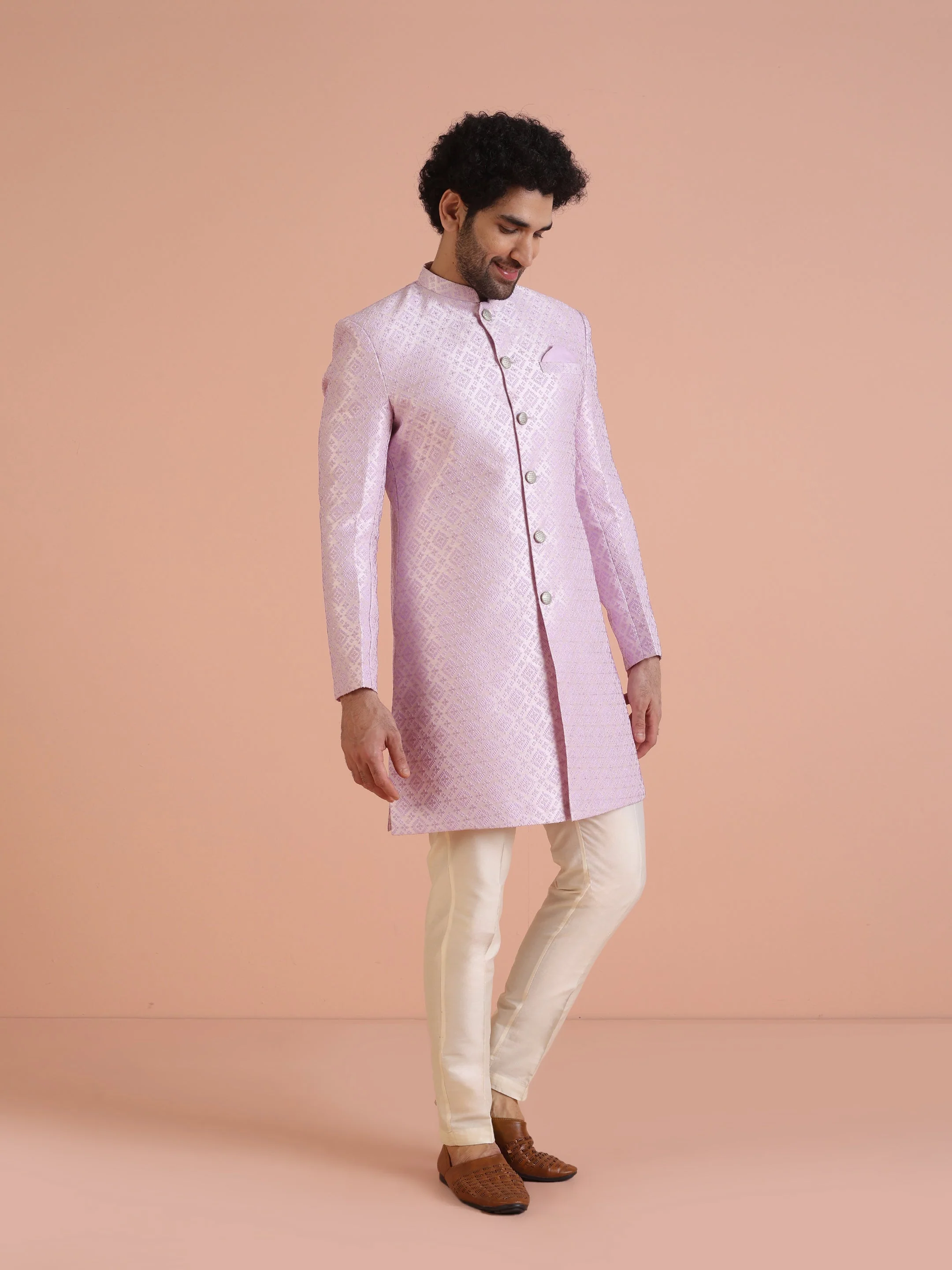Men Lilac Woven Design Indowestern Trouser Set - Image 2