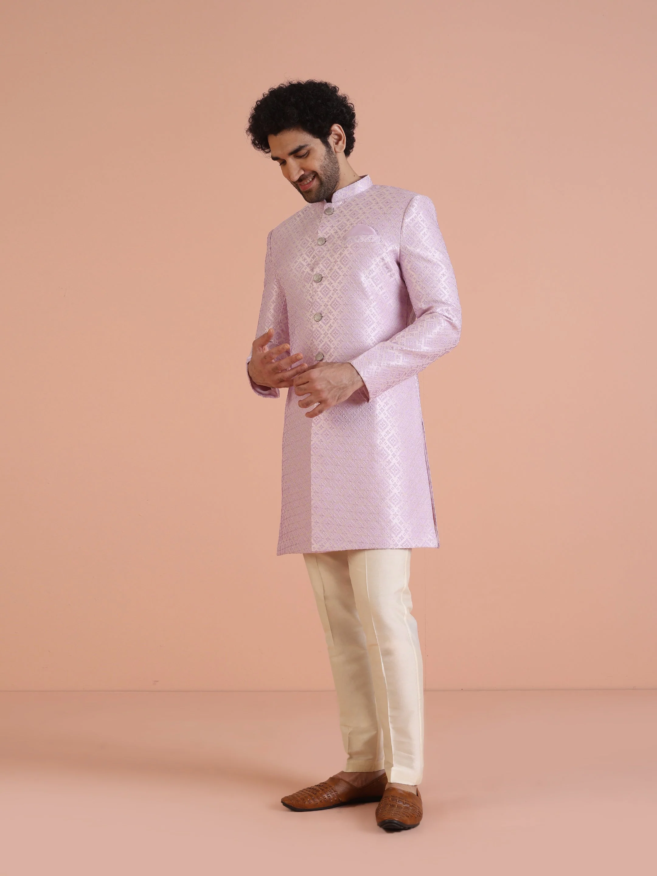 Men Lilac Woven Design Indowestern Trouser Set - Image 3