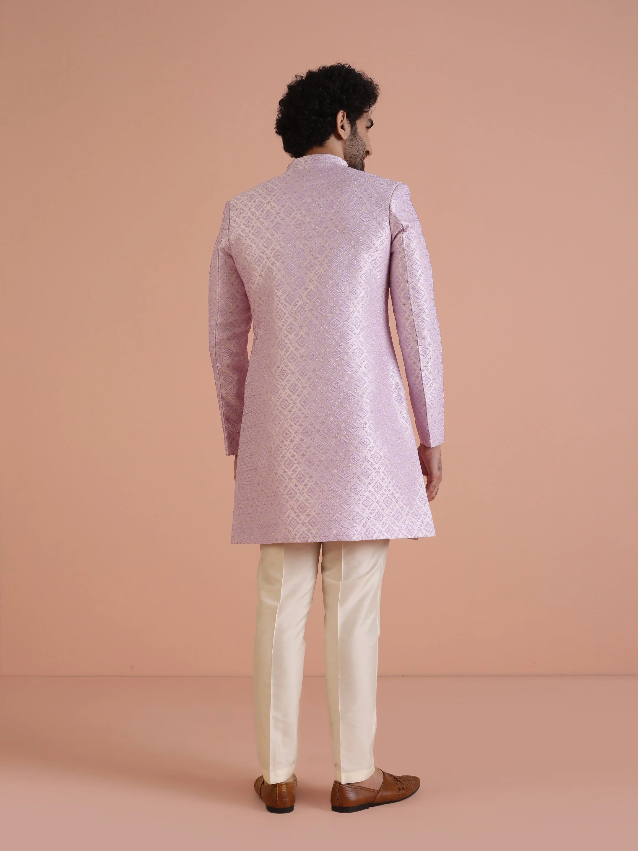 Men Lilac Woven Design Indowestern Trouser Set - Image 4