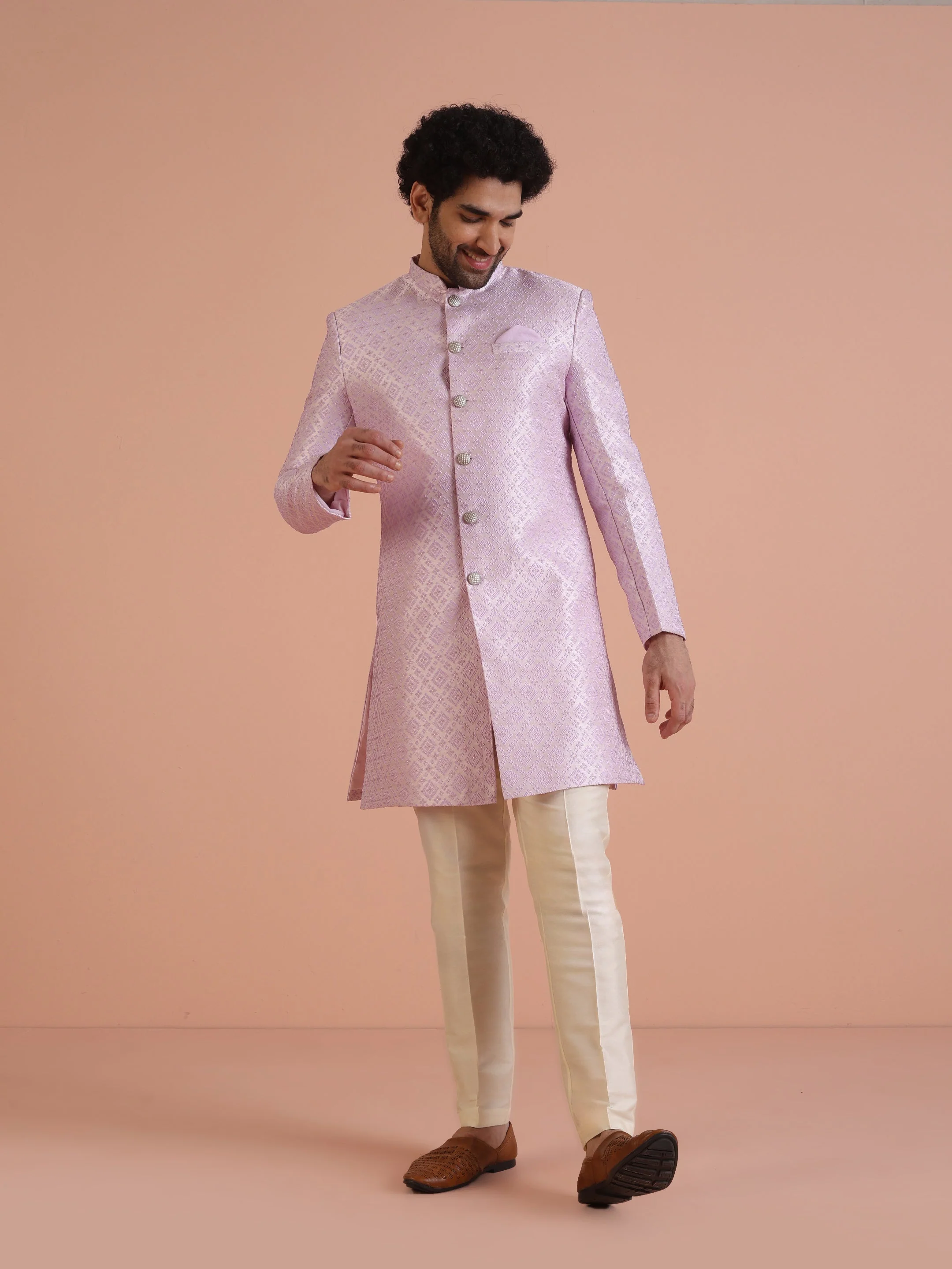 Men Lilac Woven Design Indowestern Trouser Set - Image 7