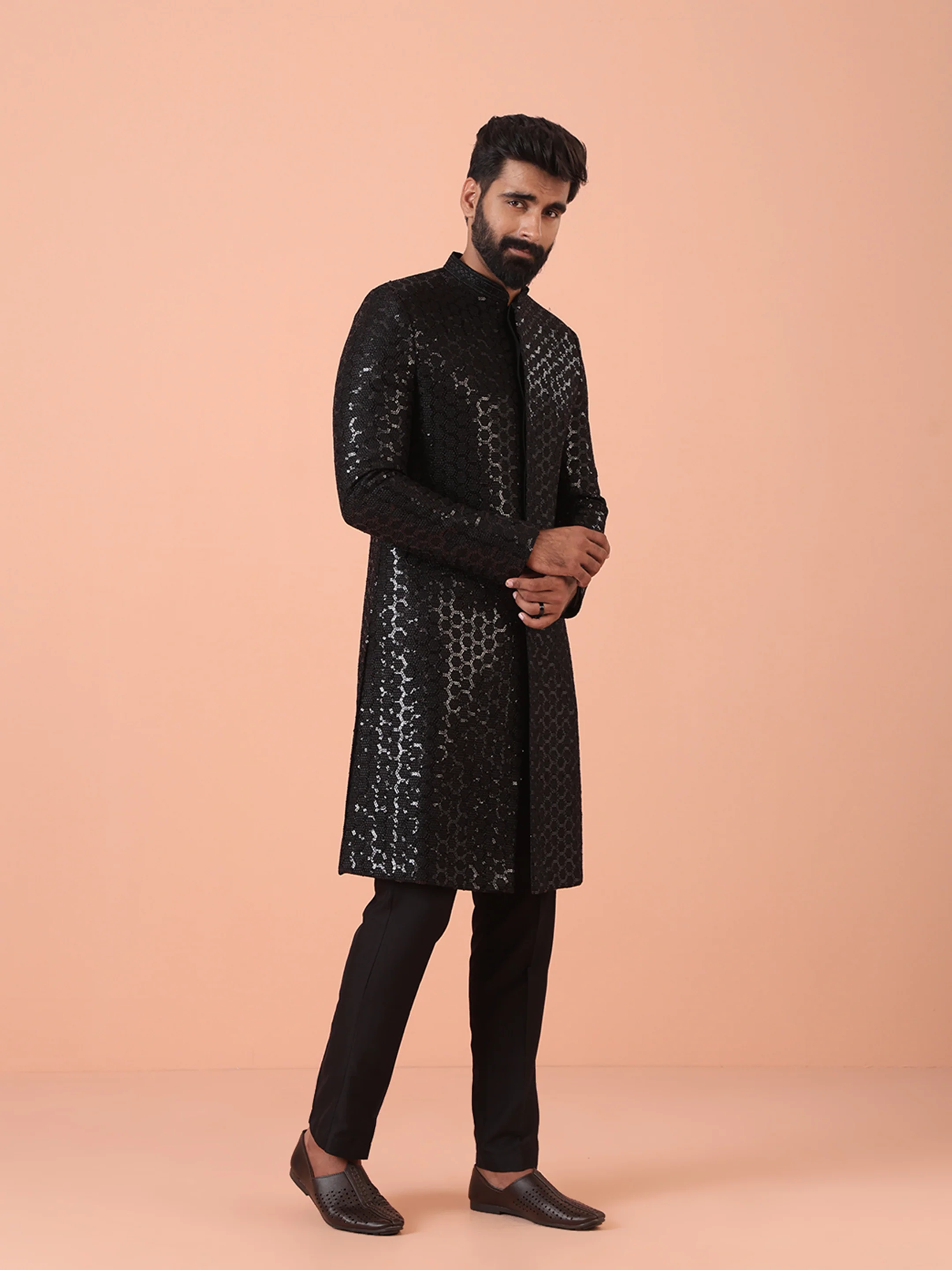Men Black Embellished Indowestern Trouser Set with Sequinned - Image 2