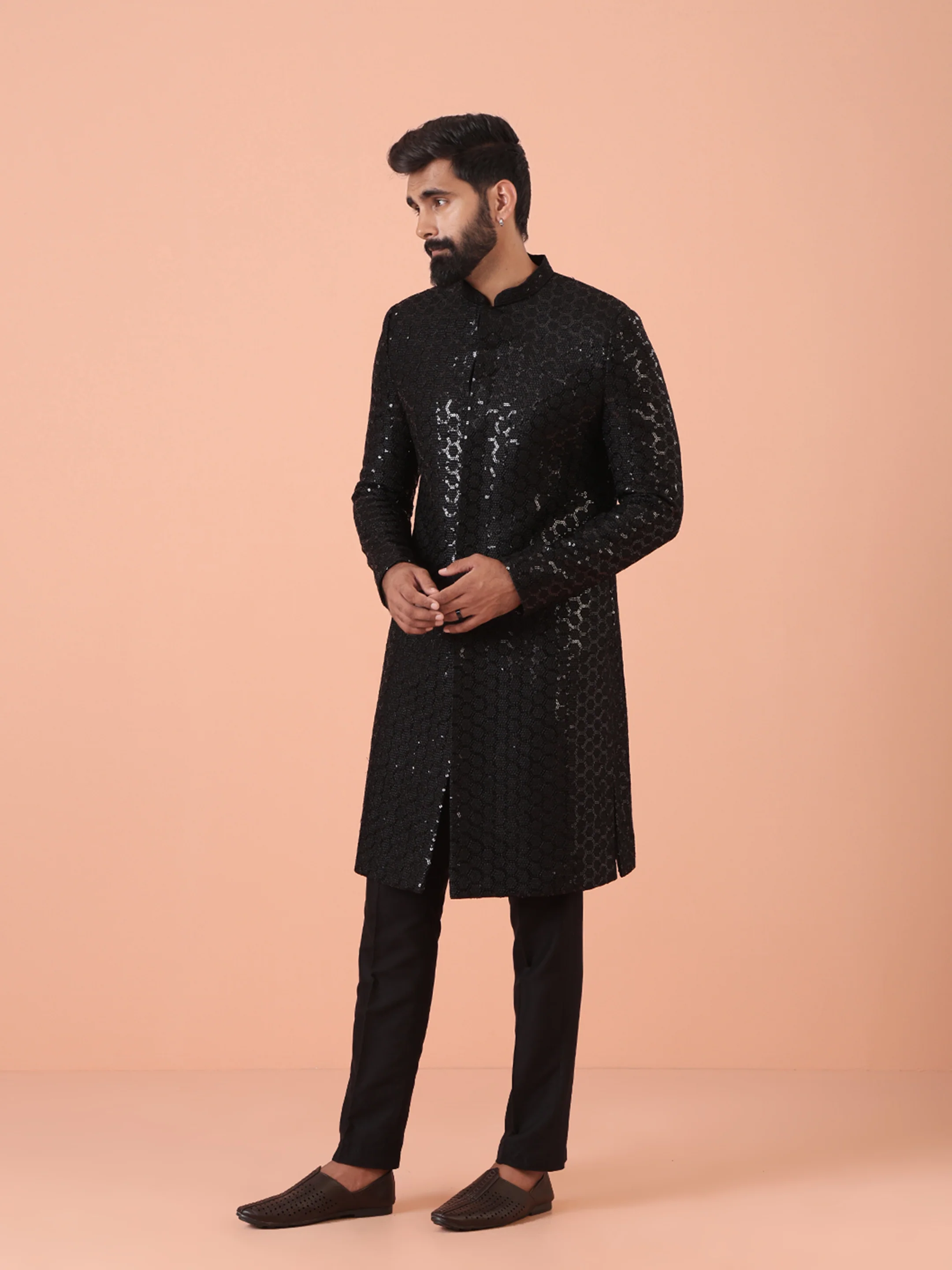 Men Black Embellished Indowestern Trouser Set with Sequinned - Image 3