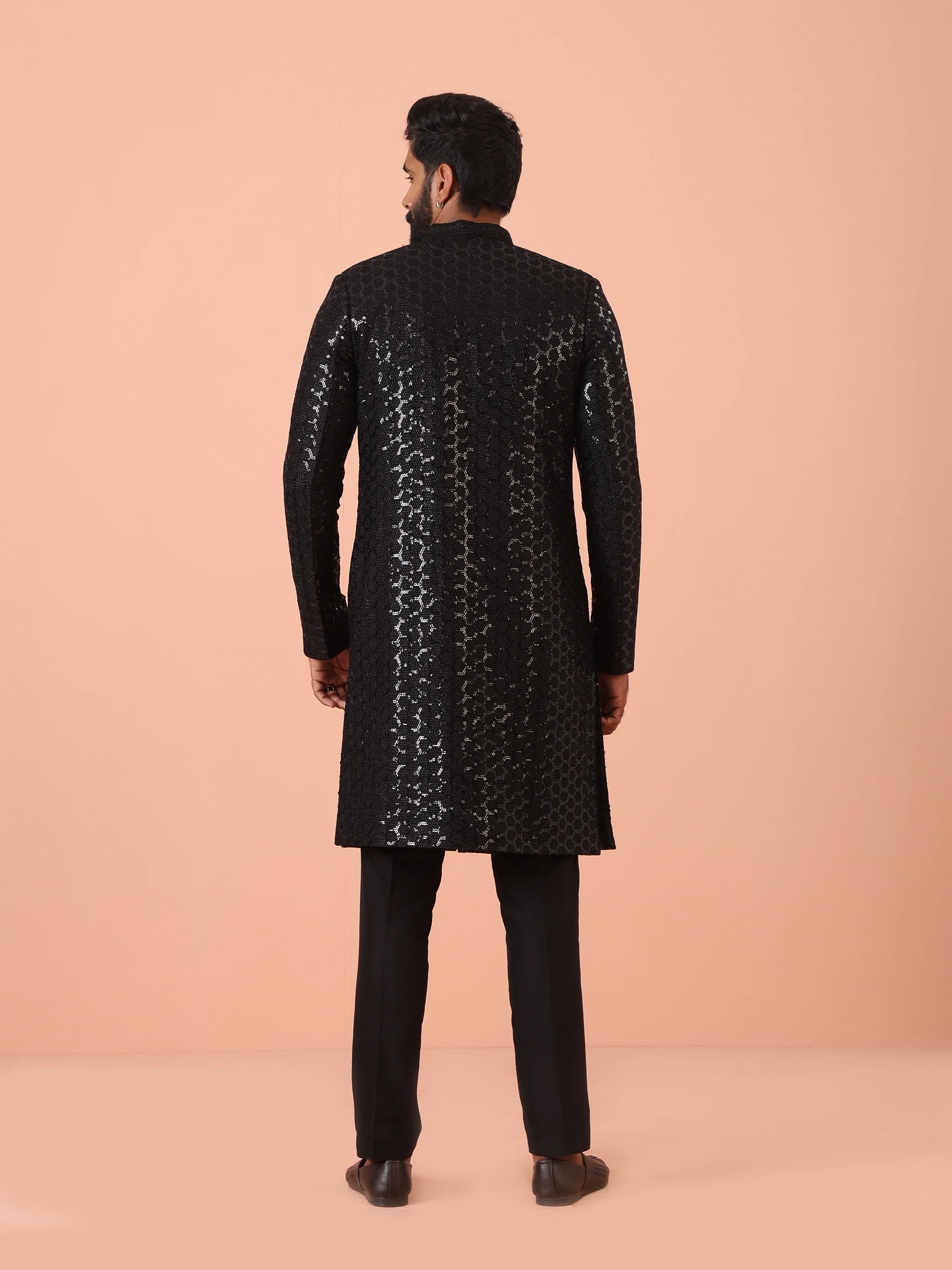 Men Black Embellished Indowestern Trouser Set with Sequinned - Image 4
