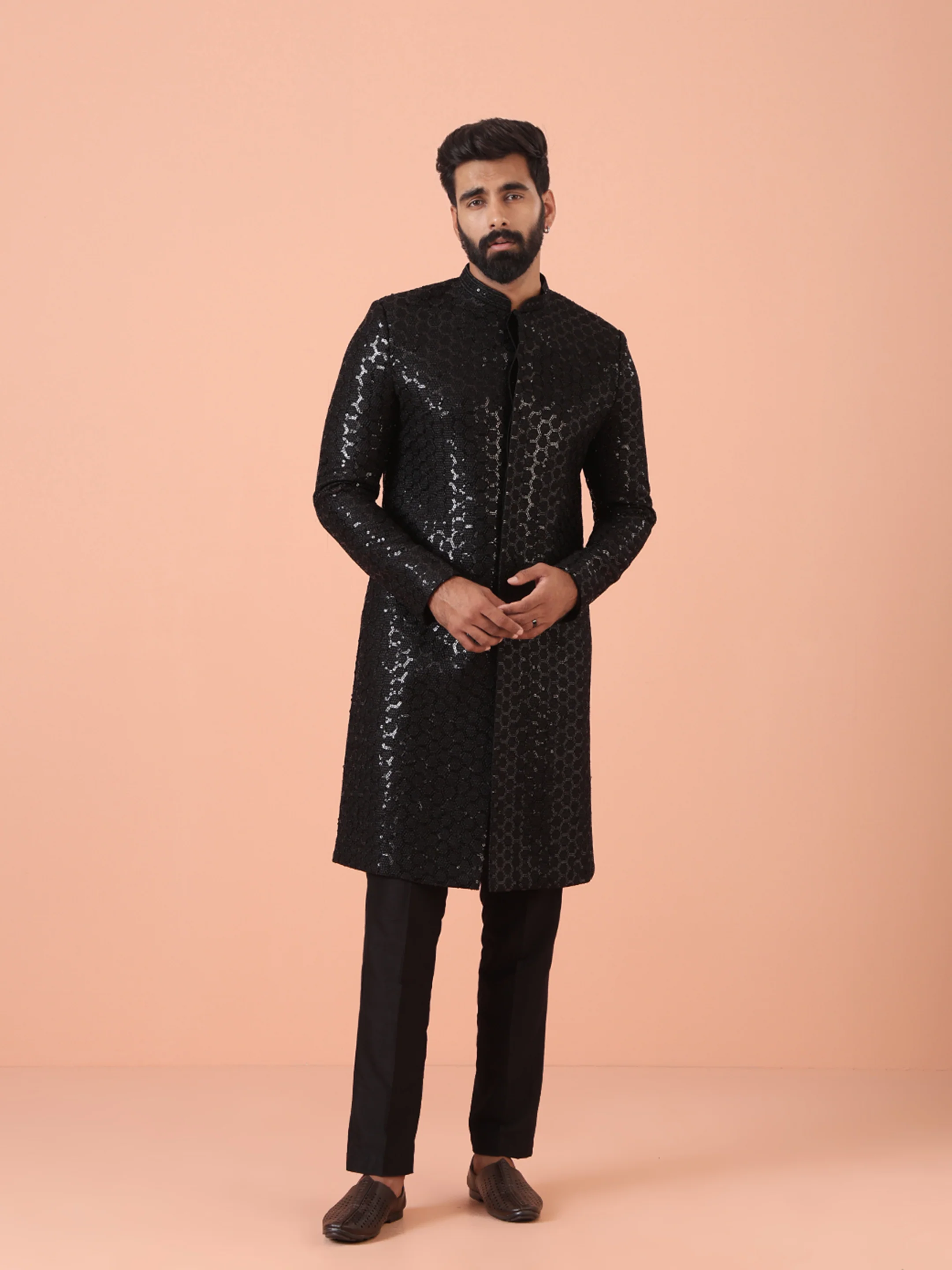 Men Black Embellished Indowestern Trouser Set with Sequinned - Image 8