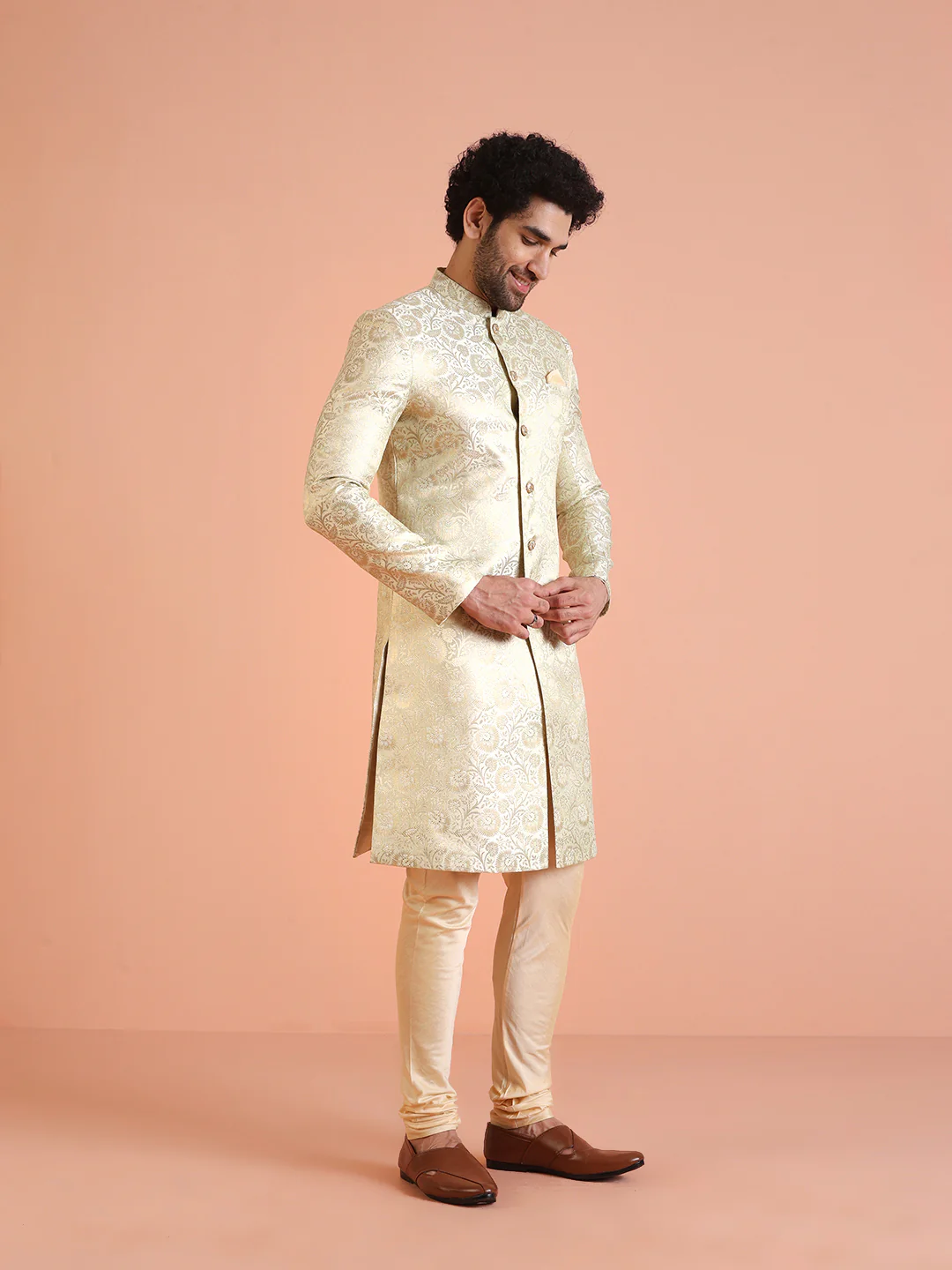 Men Cream Jacquard Floral Indowestern Churidar Set - Image 2