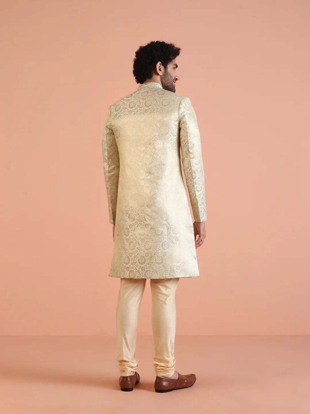 Men Cream Jacquard Floral Indowestern Churidar Set - Image 4
