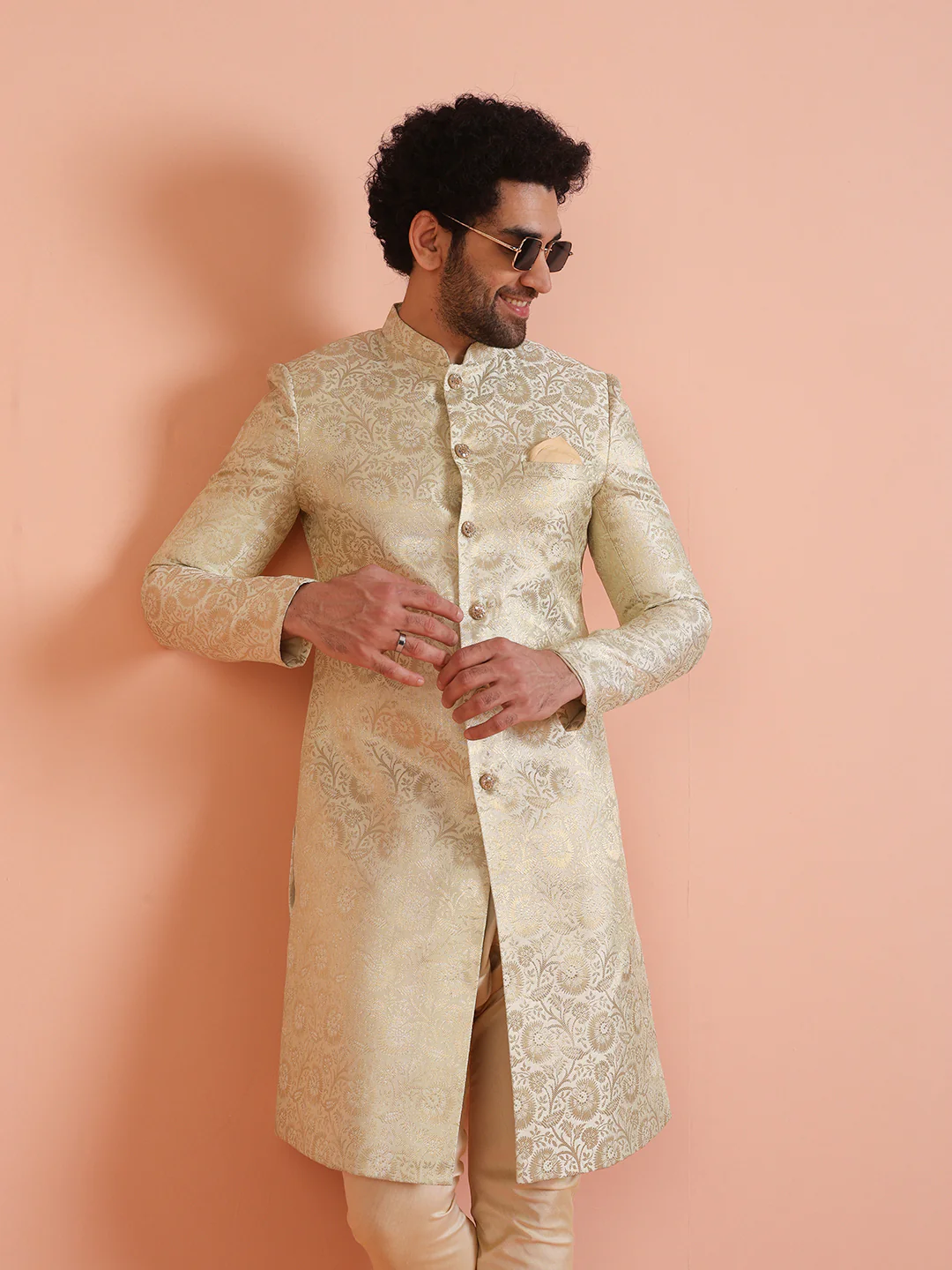 Men Cream Jacquard Floral Indowestern Churidar Set - Image 7