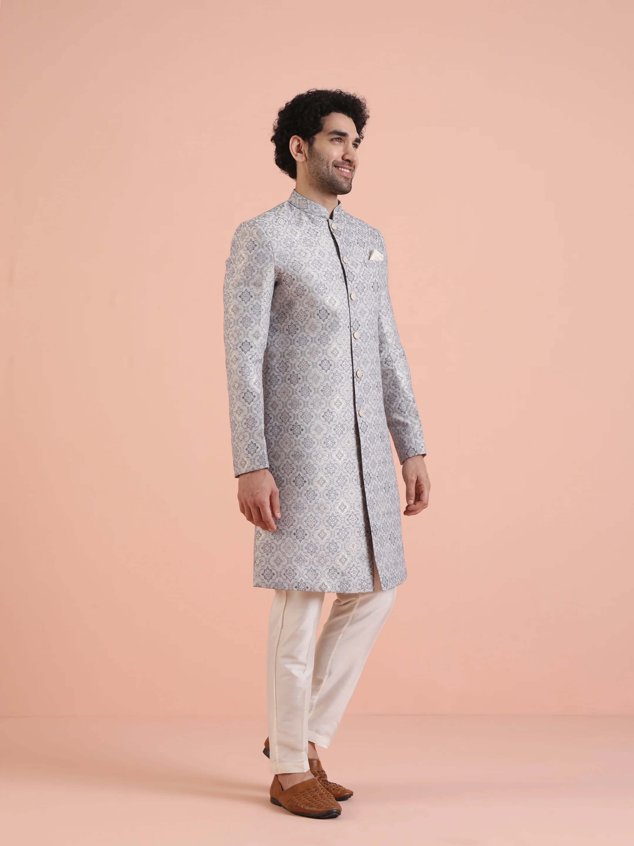 Men Grey Jacquard Indowestern Trouser Set with Geometric - Image 2