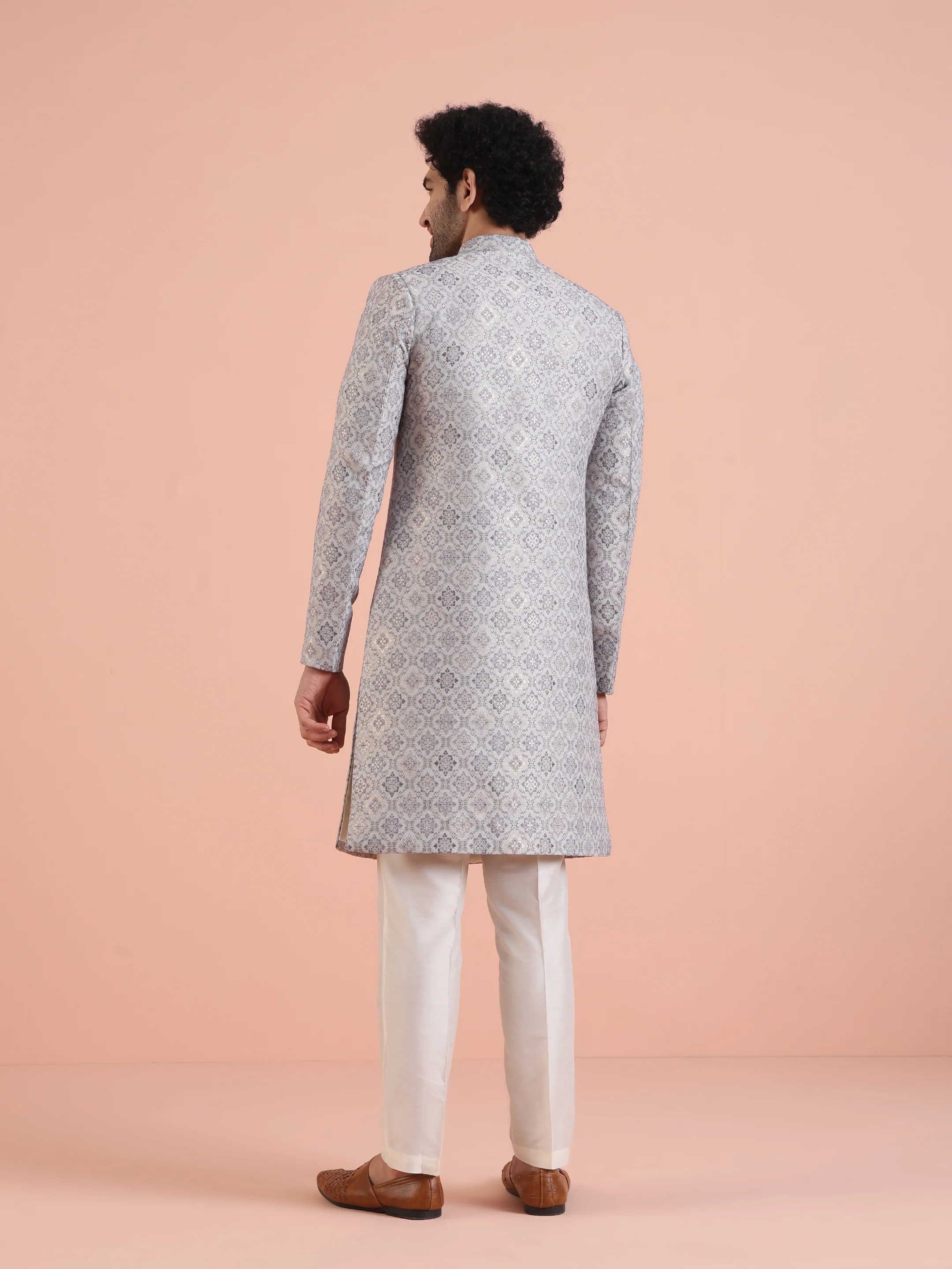 Men Grey Jacquard Indowestern Trouser Set with Geometric - Image 4