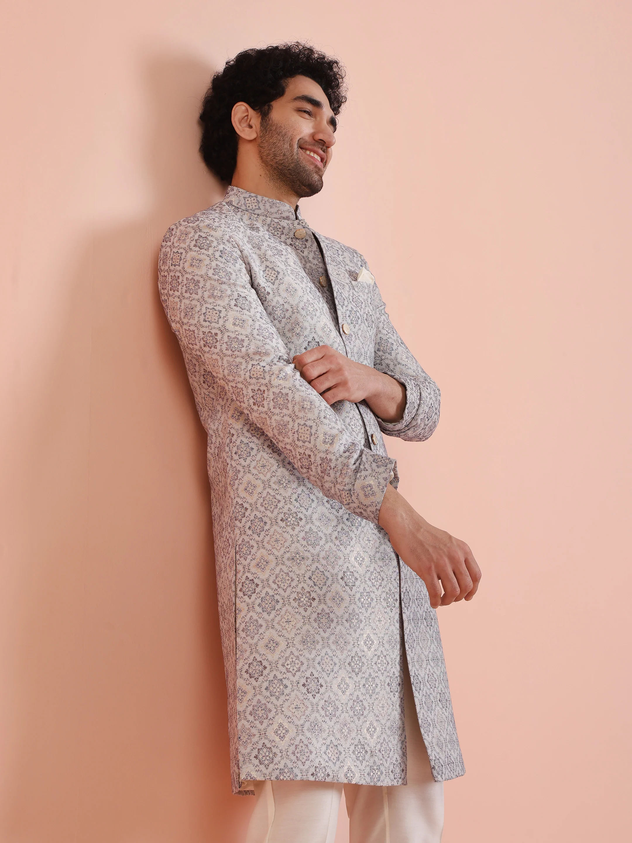 Men Grey Jacquard Indowestern Trouser Set with Geometric - Image 8