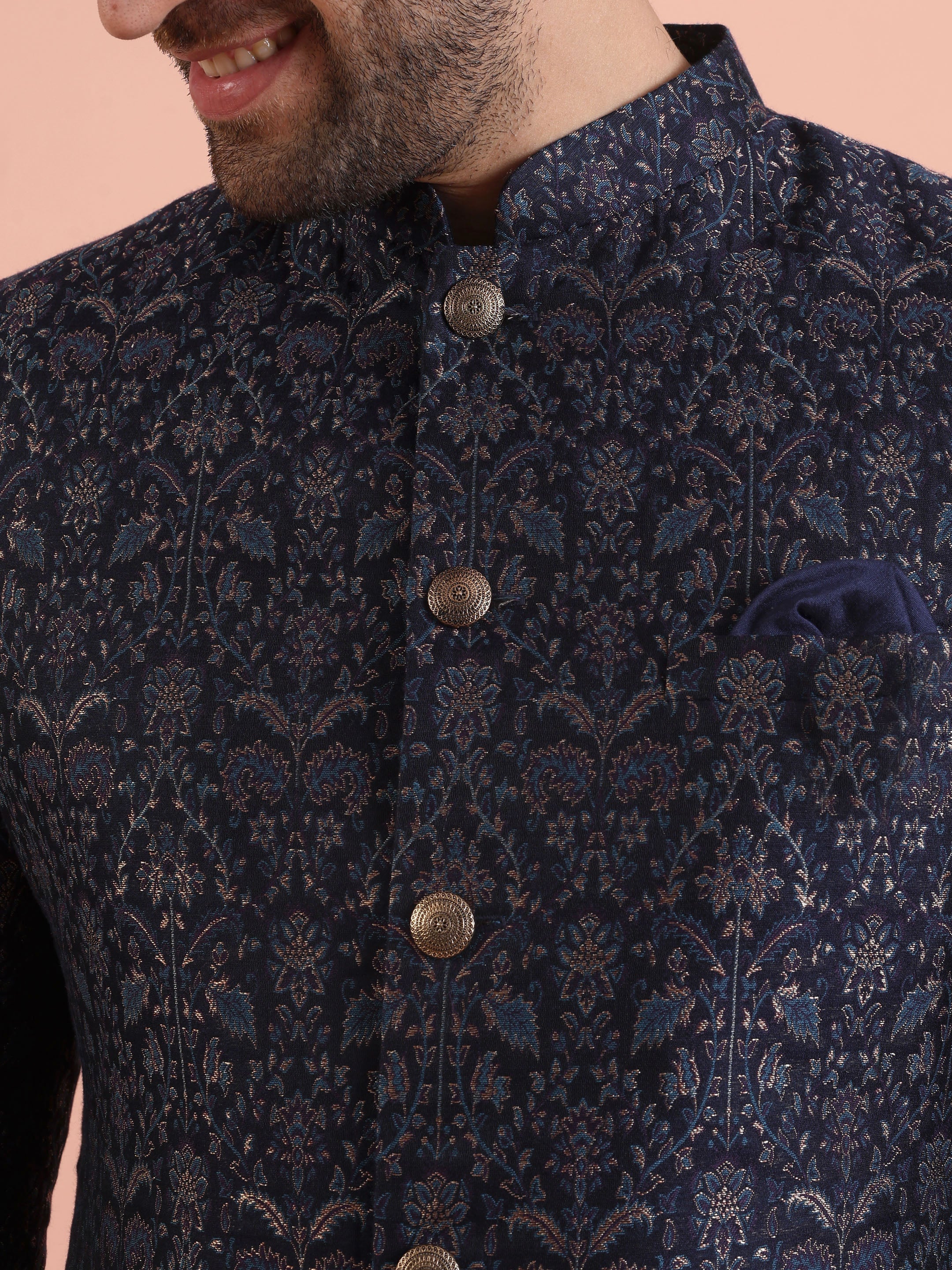 Men Navy Blue Jacquard Ethnic Motifs Indowestern Trouser Set - Image 5