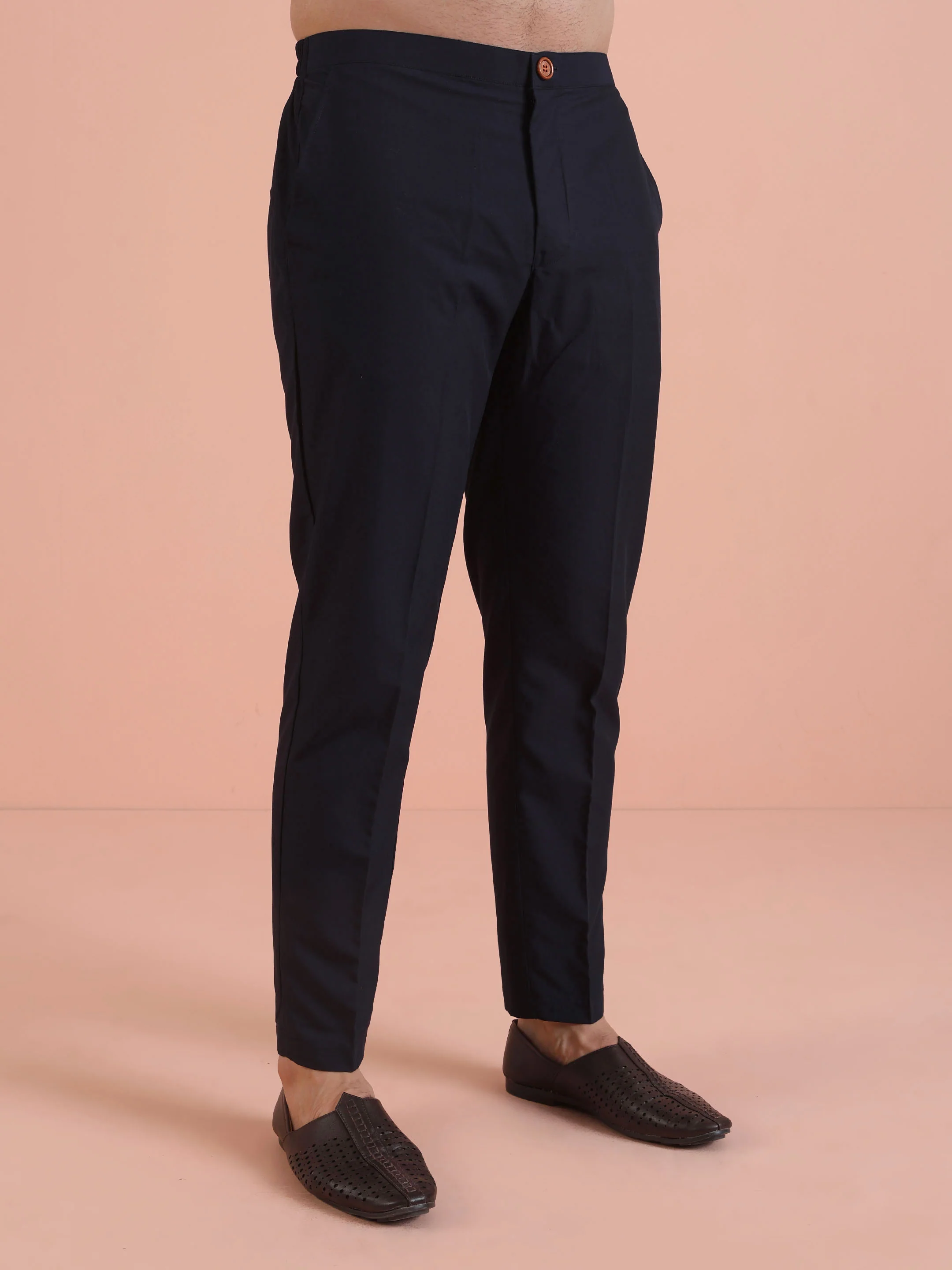 Men Navy Blue Jacquard Ethnic Motifs Indowestern Trouser Set - Image 6