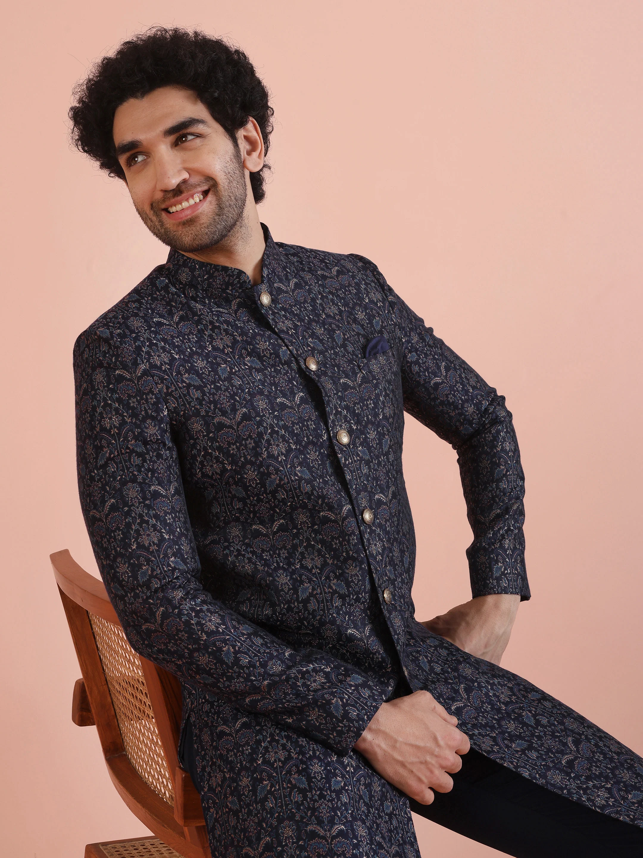 Men Navy Blue Jacquard Ethnic Motifs Indowestern Trouser Set - Image 7