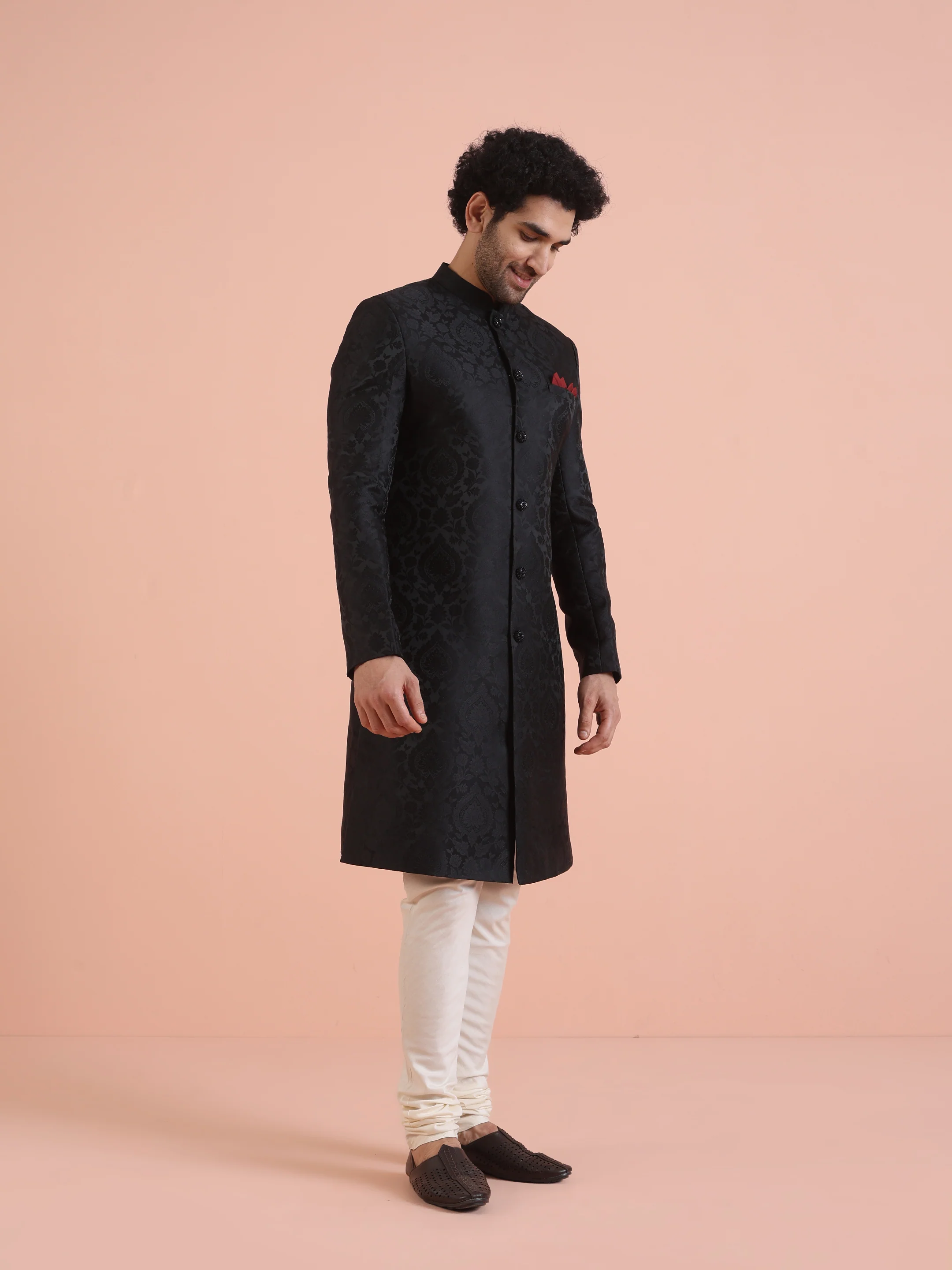 Men Black IndoWestern Churidar Set with Ethnic Motifs - Image 2