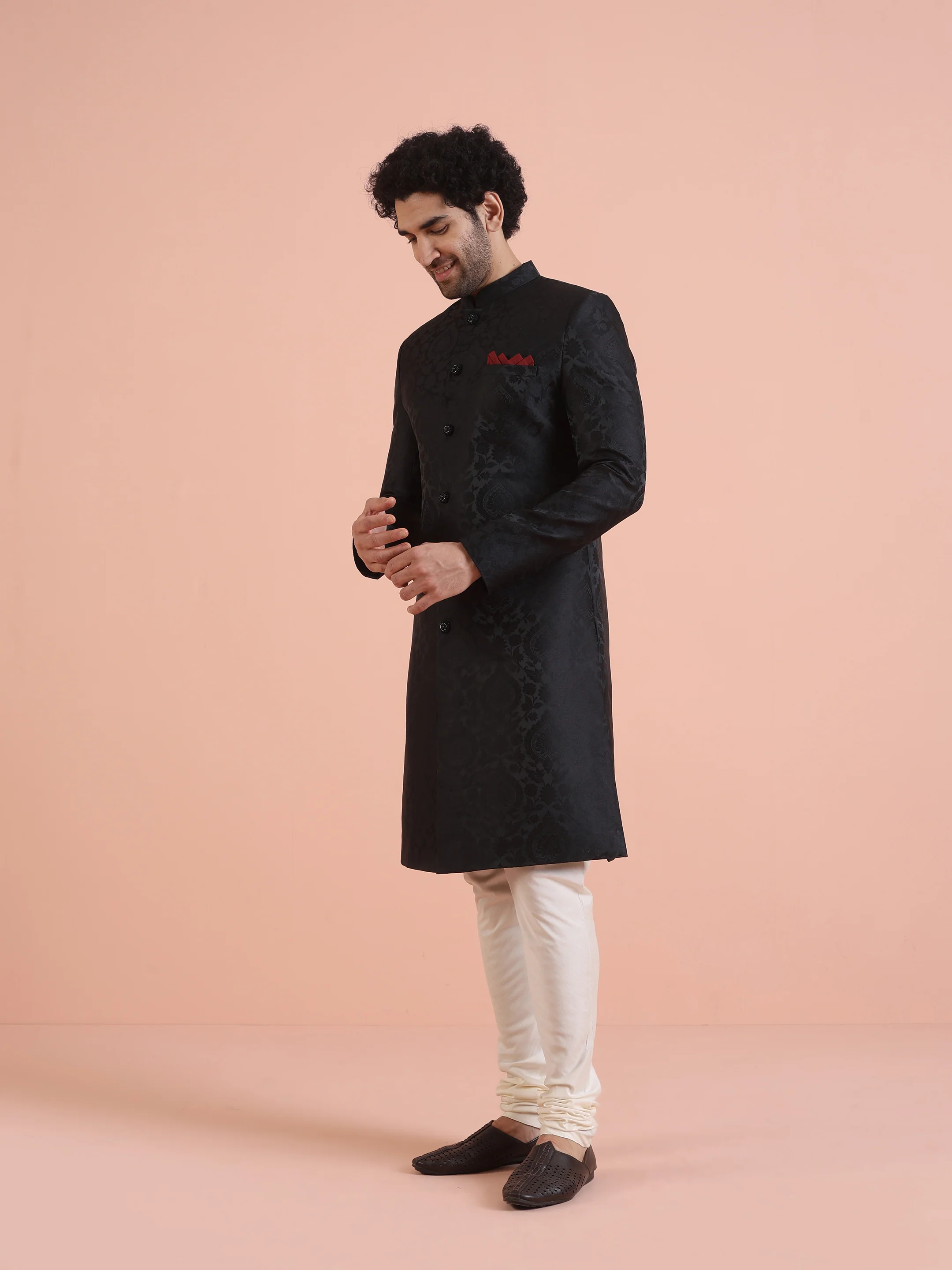 Men Black IndoWestern Churidar Set with Ethnic Motifs - Image 3