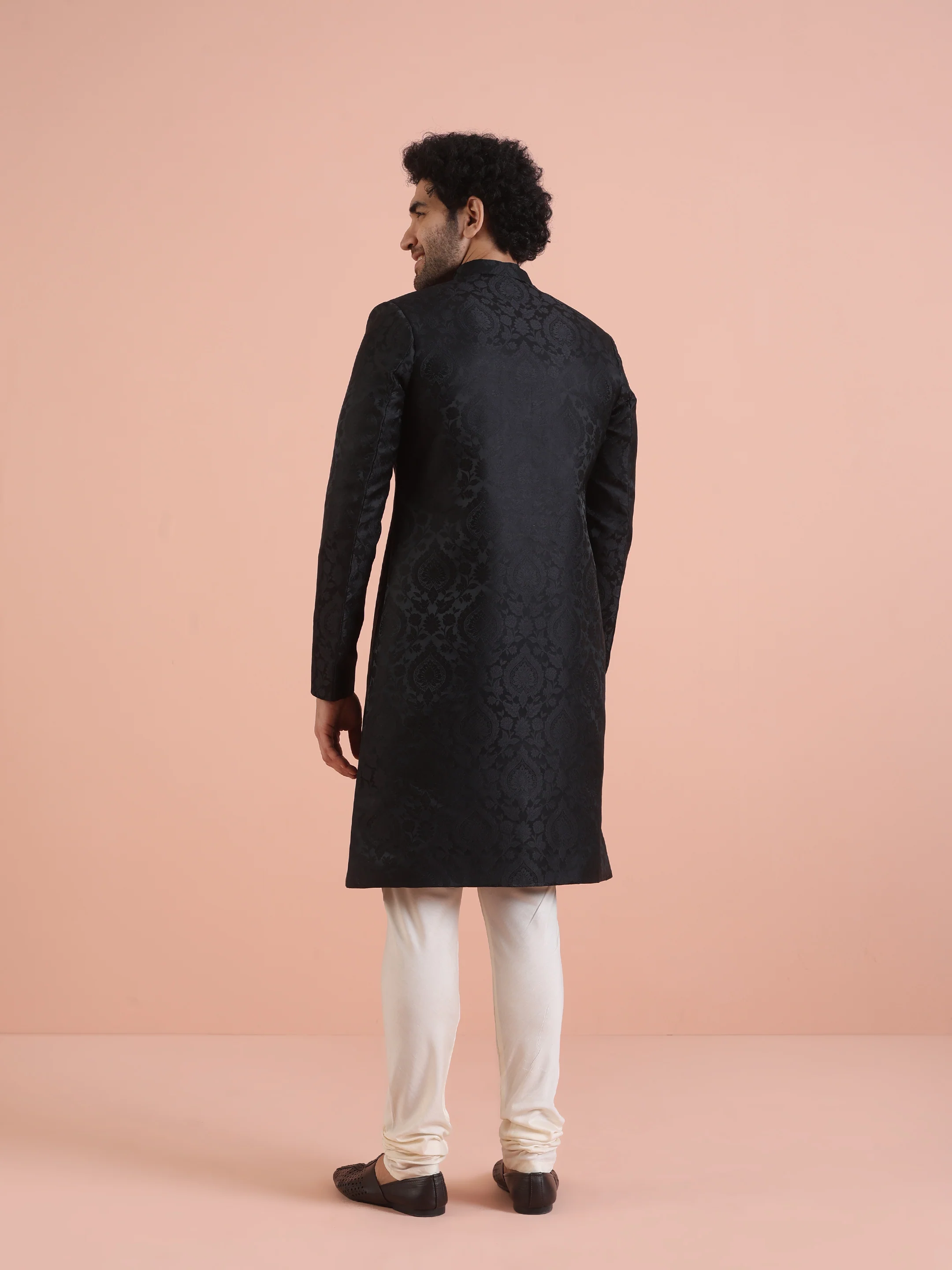 Men Black IndoWestern Churidar Set with Ethnic Motifs - Image 4