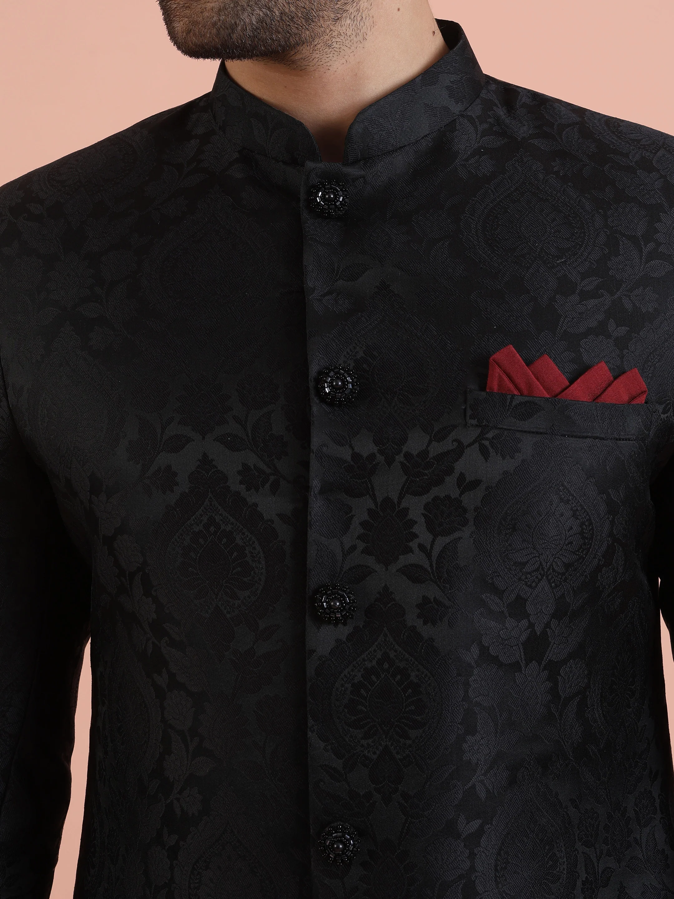 Men Black IndoWestern Churidar Set with Ethnic Motifs - Image 5