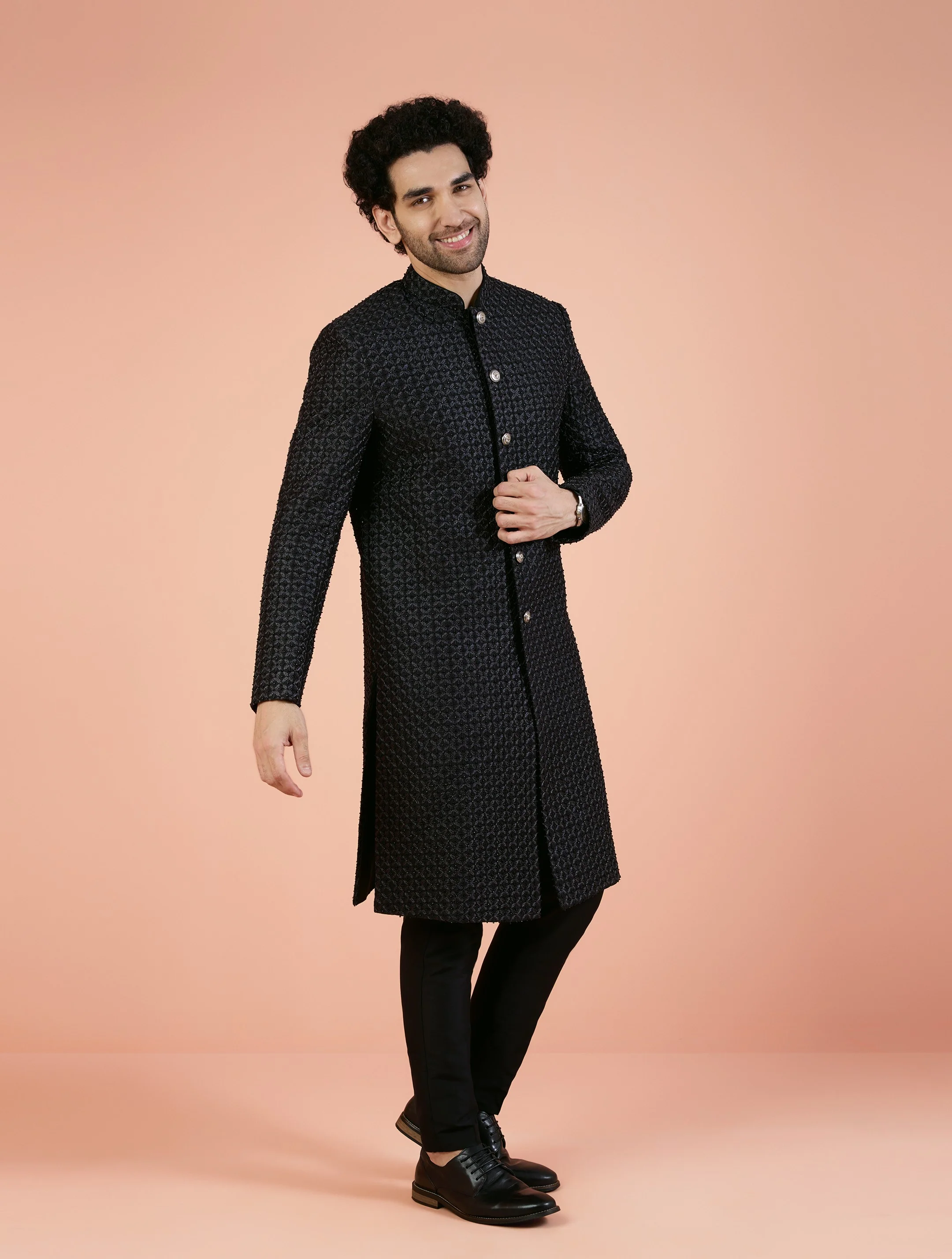 Men Black Cut-Dana Indowestern Trouser Set with Beads and stones - Image 2