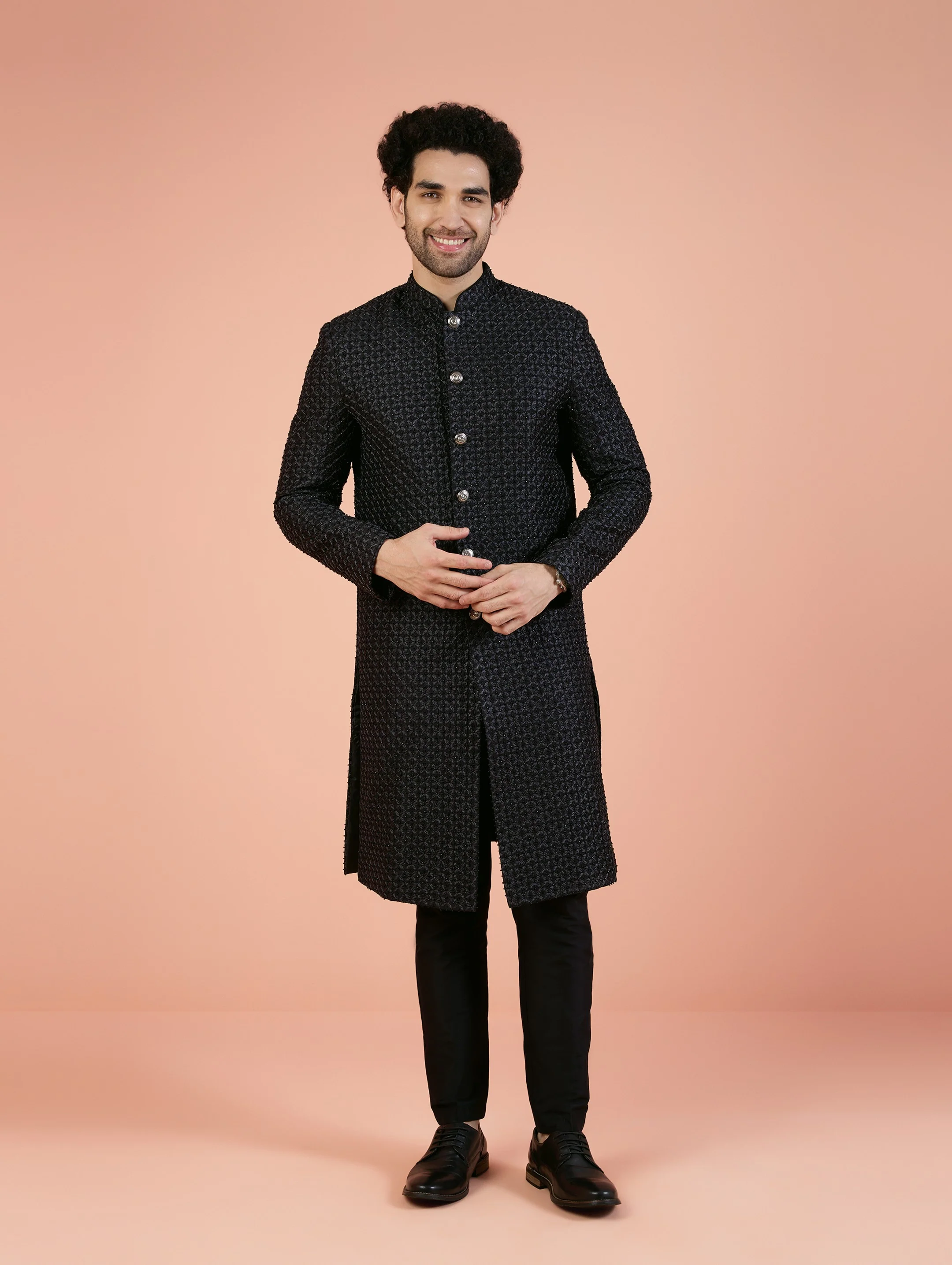Men Black Cut-Dana Indowestern Trouser Set with Beads and stones - Image 8