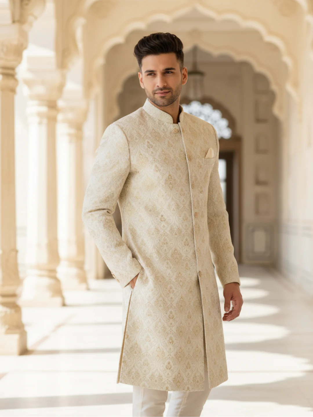 Men Off White Woven Design Indowestern Trouser Set with Ethnic Motifs - Image 2
