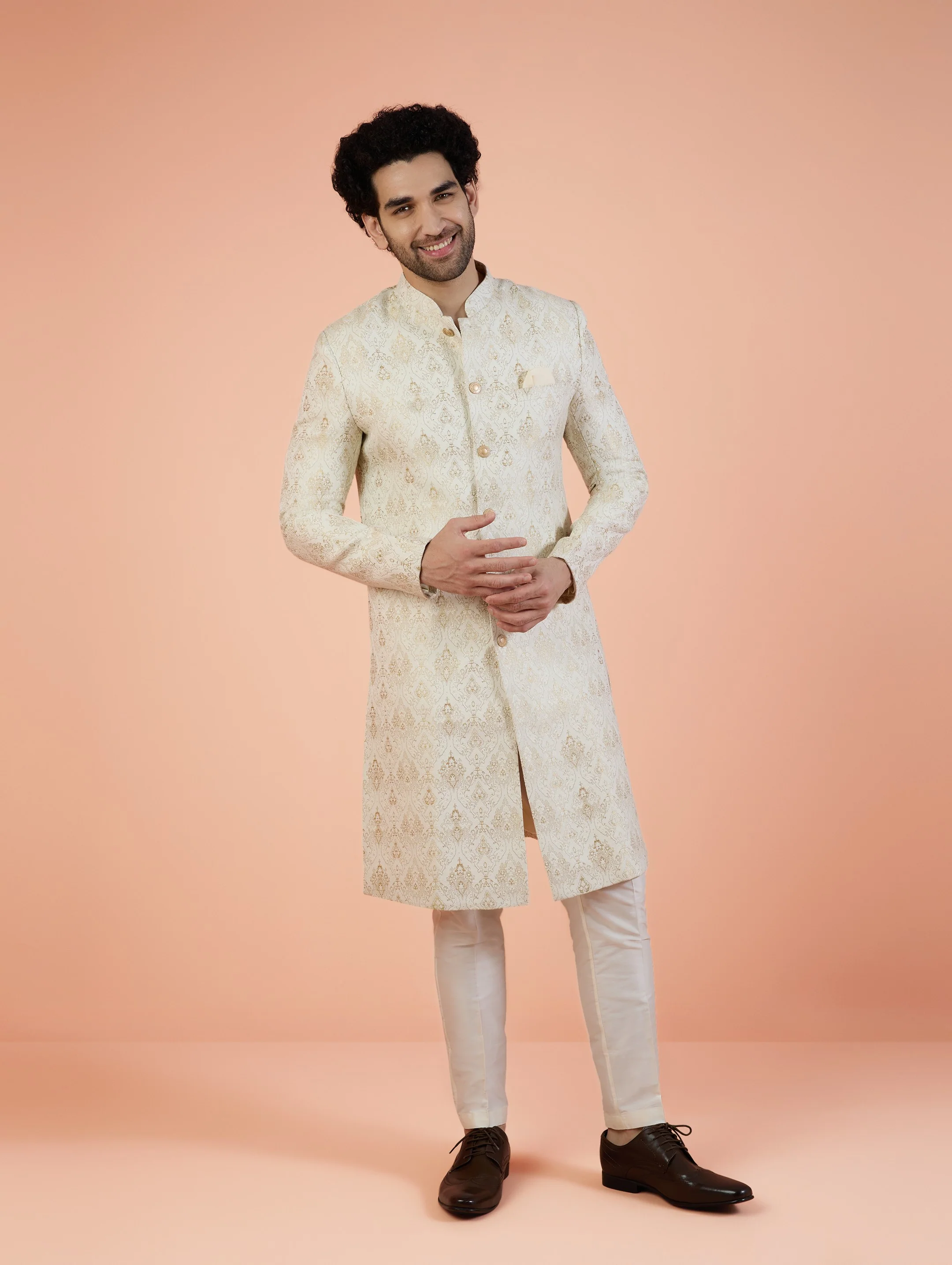 Men Off White Woven Design Indowestern Trouser Set with Ethnic Motifs - Image 3