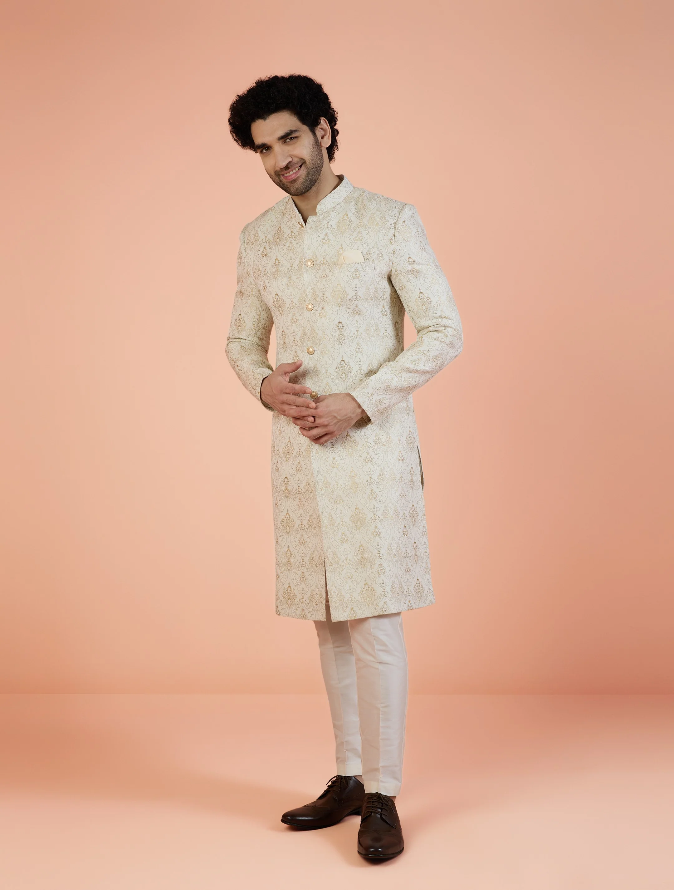 Men Off White Woven Design Indowestern Trouser Set with Ethnic Motifs - Image 4