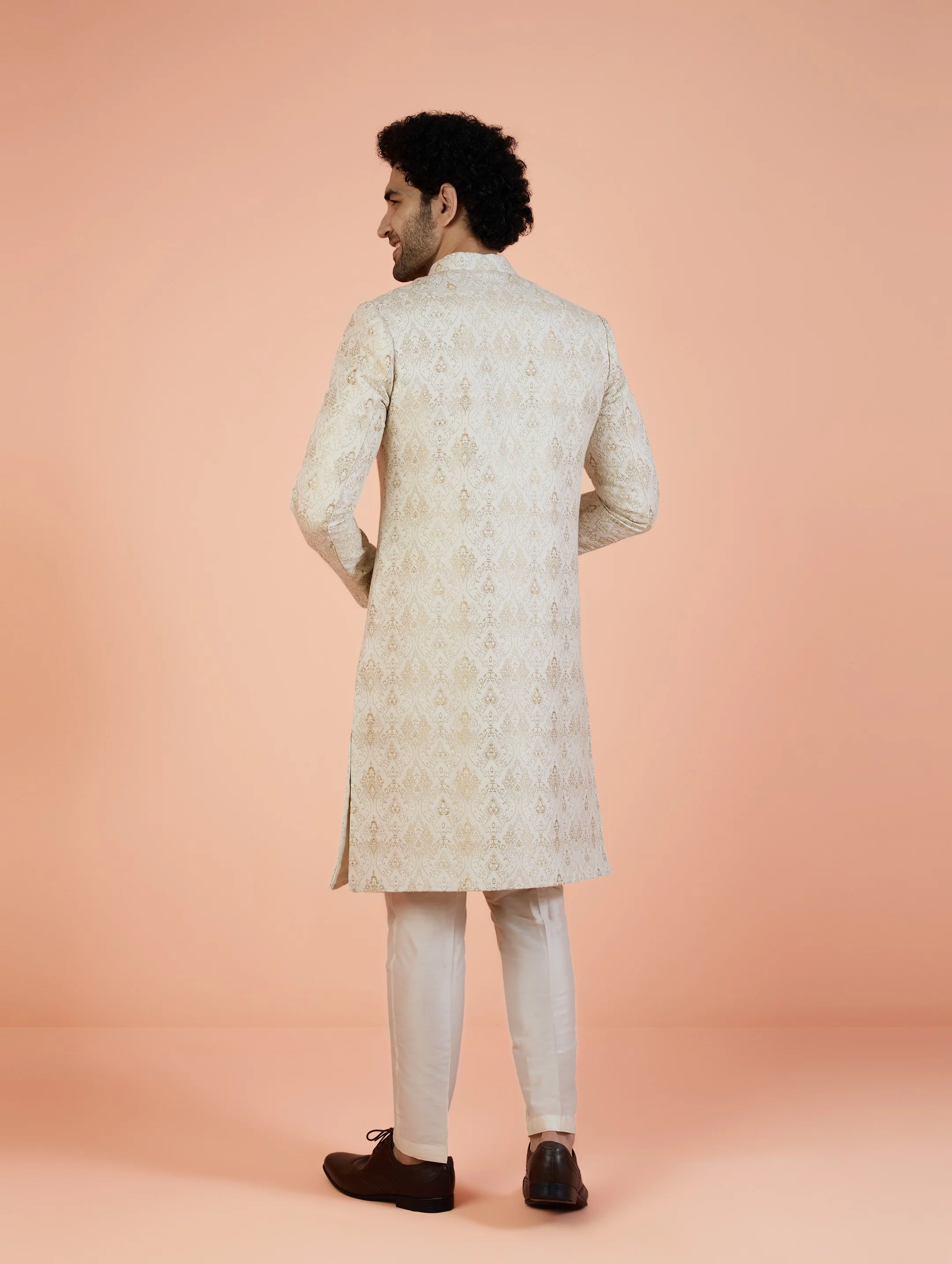 Men Off White Woven Design Indowestern Trouser Set with Ethnic Motifs - Image 5