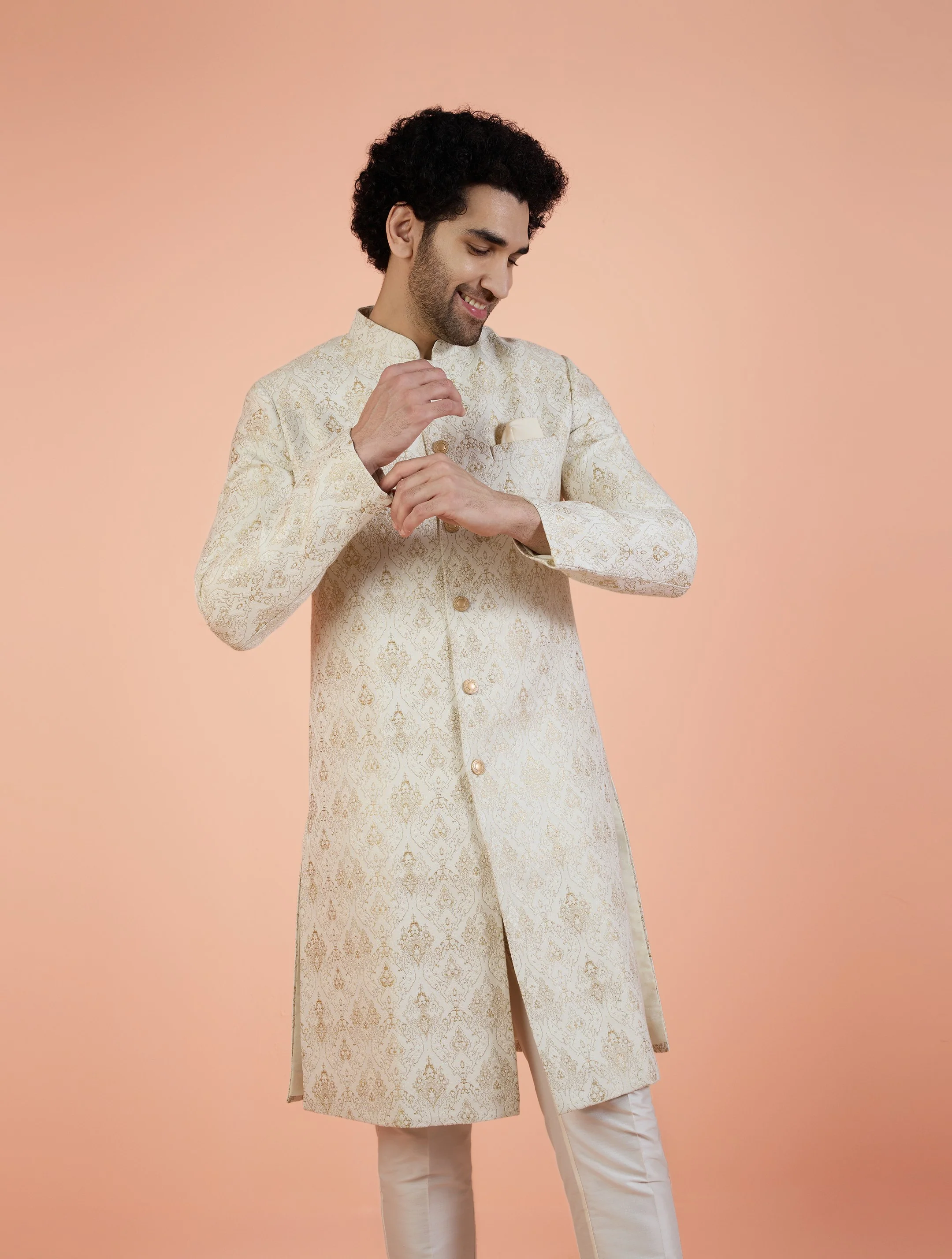 Men Off White Woven Design Indowestern Trouser Set with Ethnic Motifs - Image 8