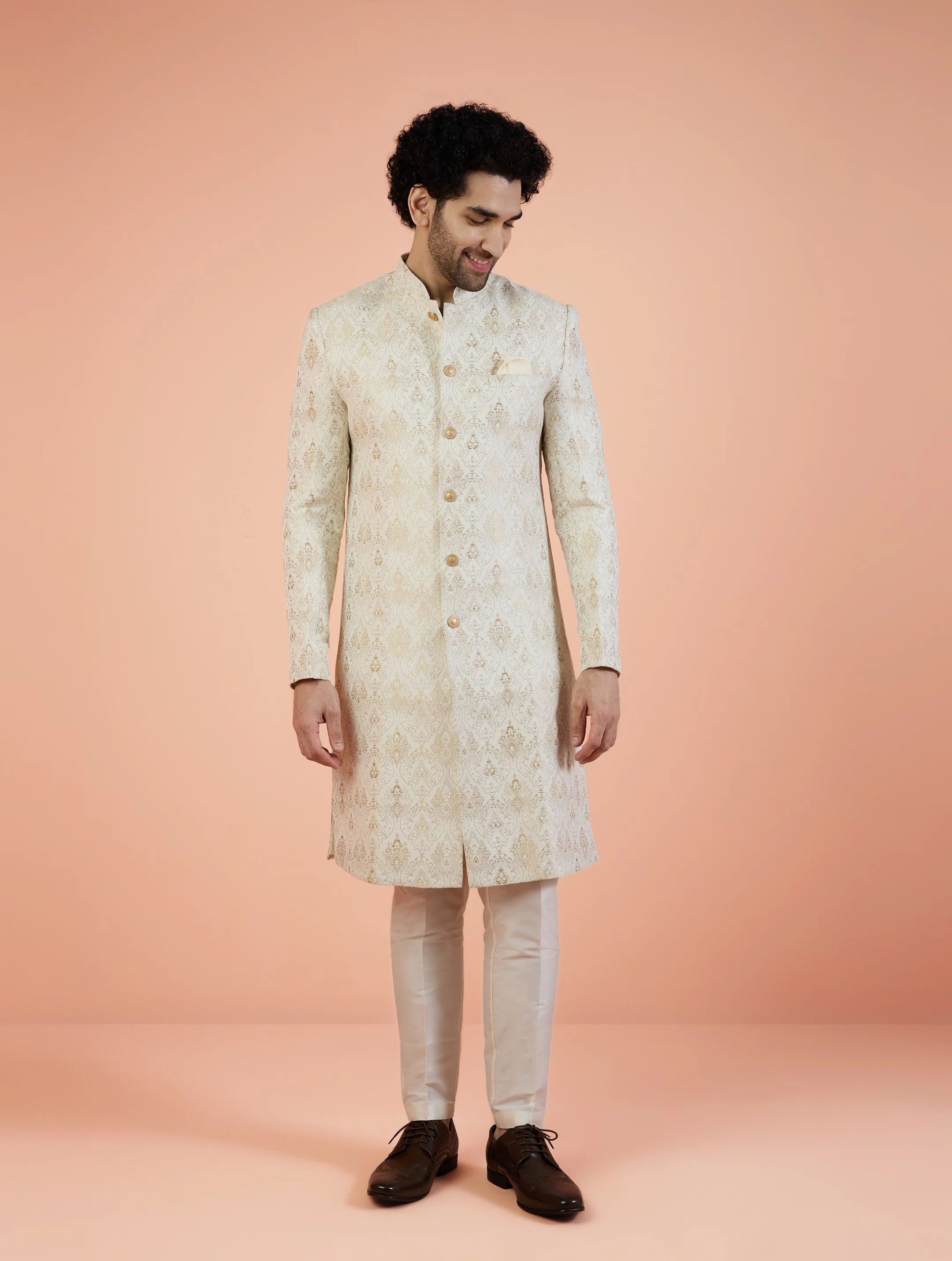 Men Off White Woven Design Indowestern Trouser Set with Ethnic Motifs - Image 9