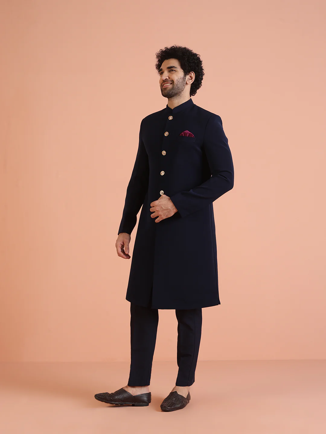 Men Navy Blue Solid Indowestern Trouser Set - Image 3