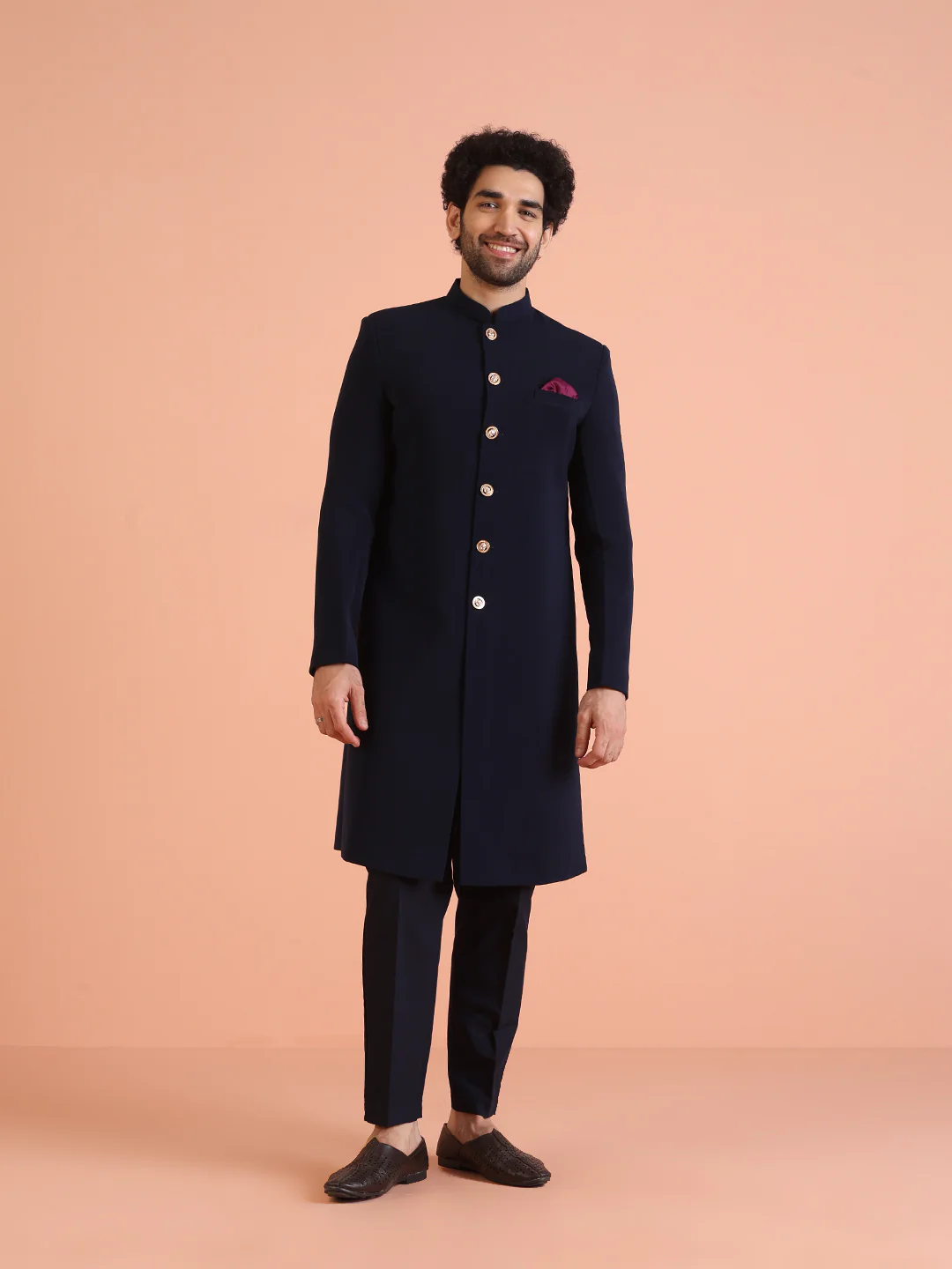 Men Navy Blue Solid Indowestern Trouser Set - Image 7