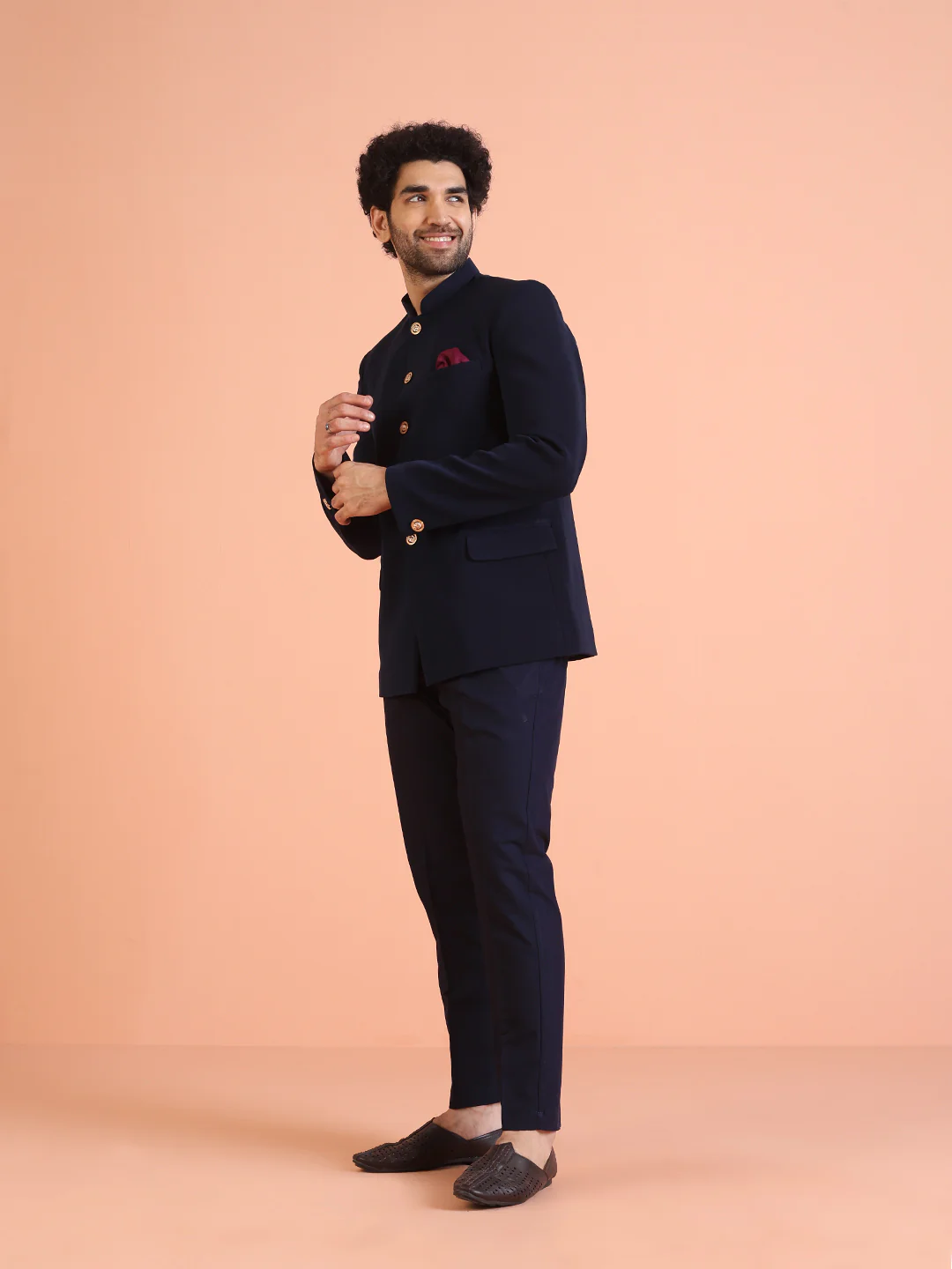 Navy Blue Solid TR Suiting Jodhpuri Bandhgala - Image 3
