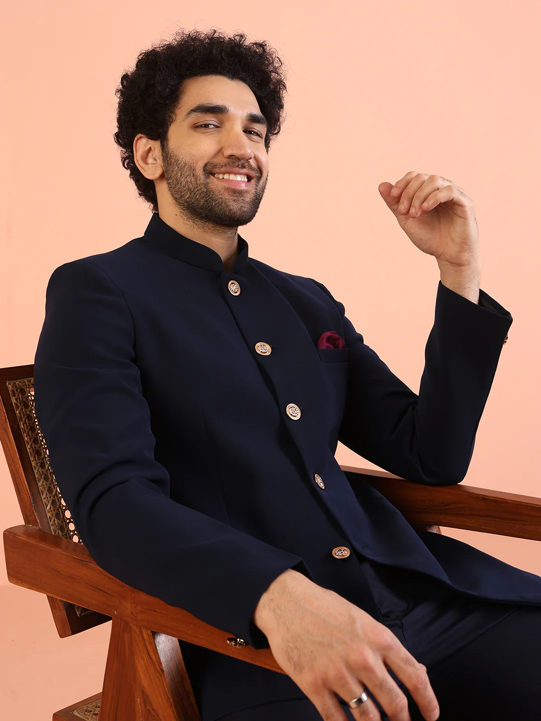 Navy Blue Solid TR Suiting Jodhpuri Bandhgala - Image 6