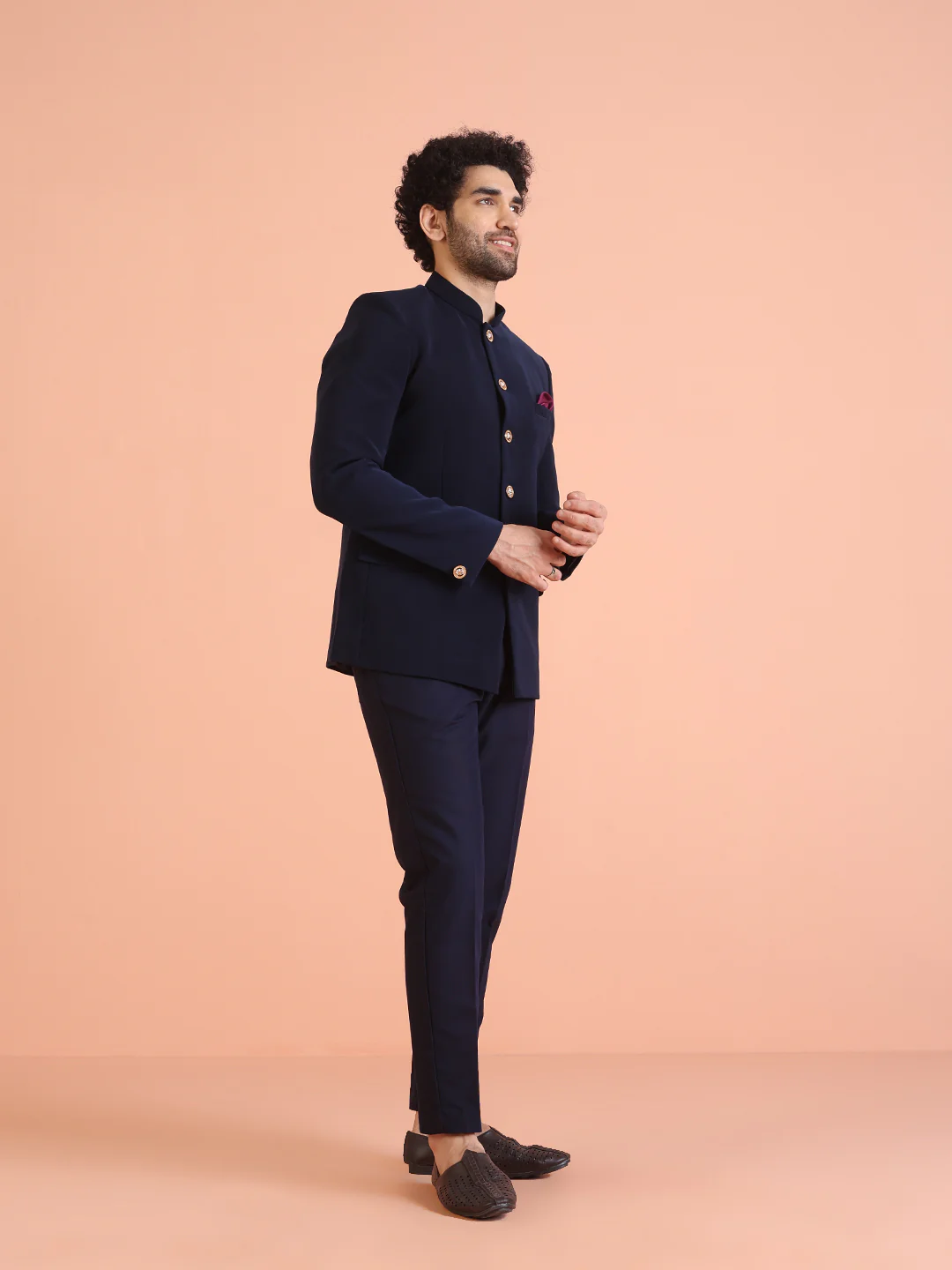 Navy Blue Solid TR Suiting Jodhpuri Bandhgala Set - Image 2