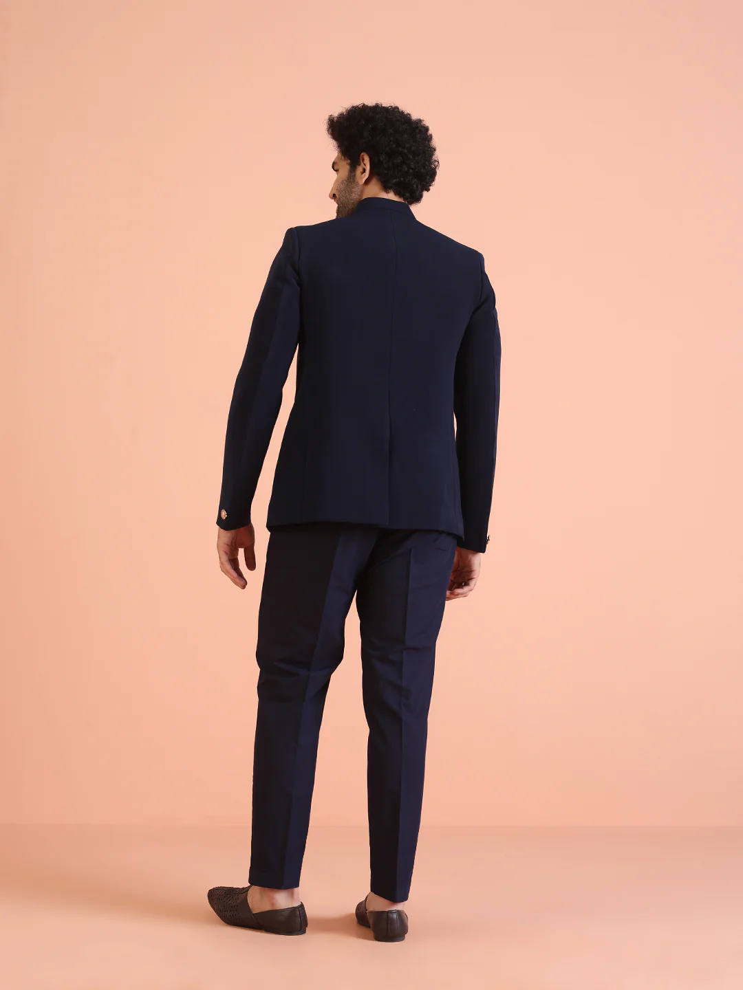 Navy Blue Solid TR Suiting Jodhpuri Bandhgala Set - Image 4