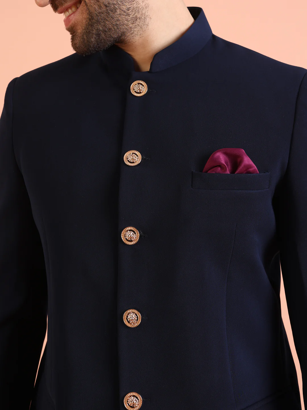 Navy Blue Solid TR Suiting Jodhpuri Bandhgala Set - Image 5