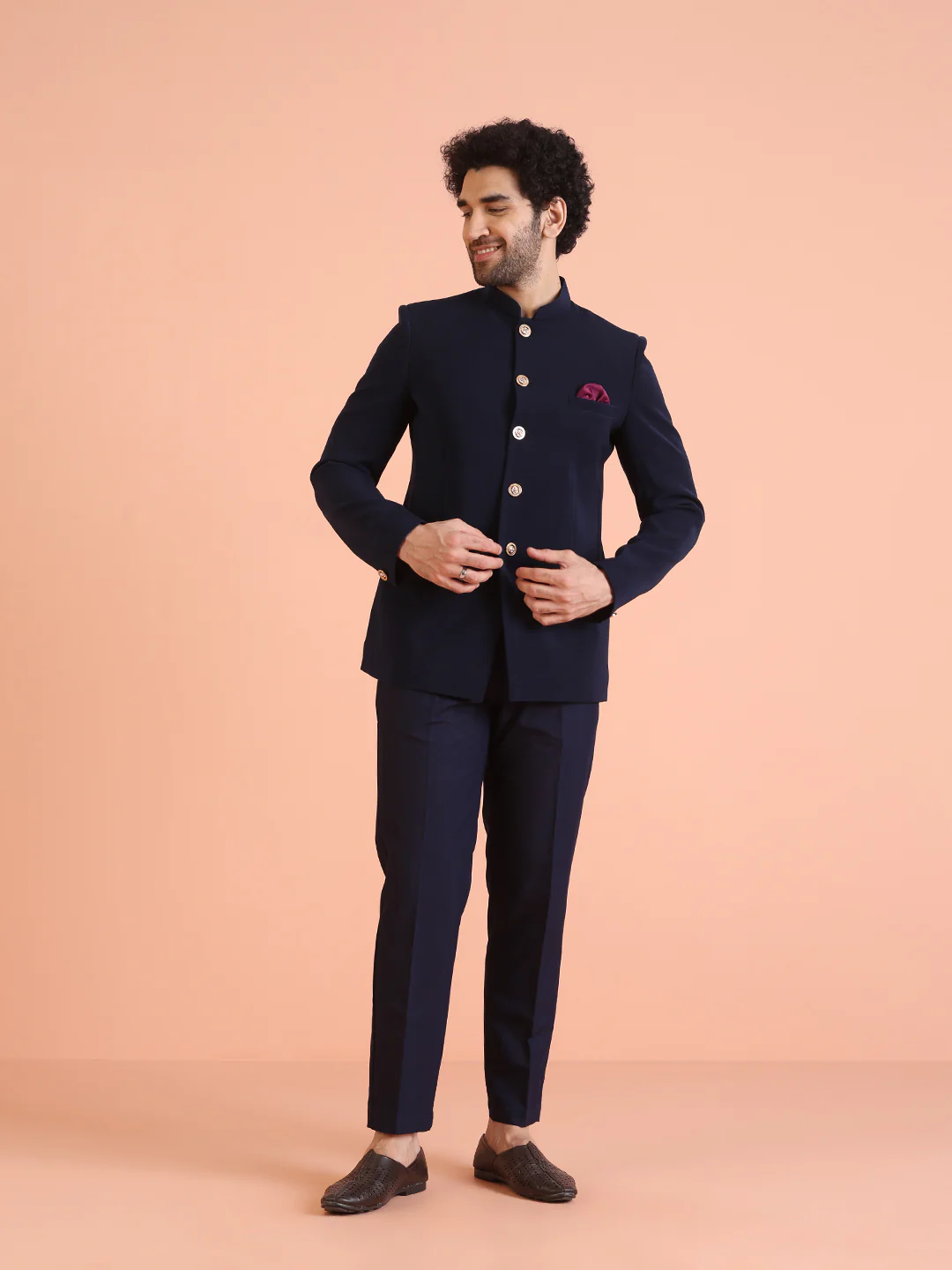 Navy Blue Solid TR Suiting Jodhpuri Bandhgala Set - Image 7