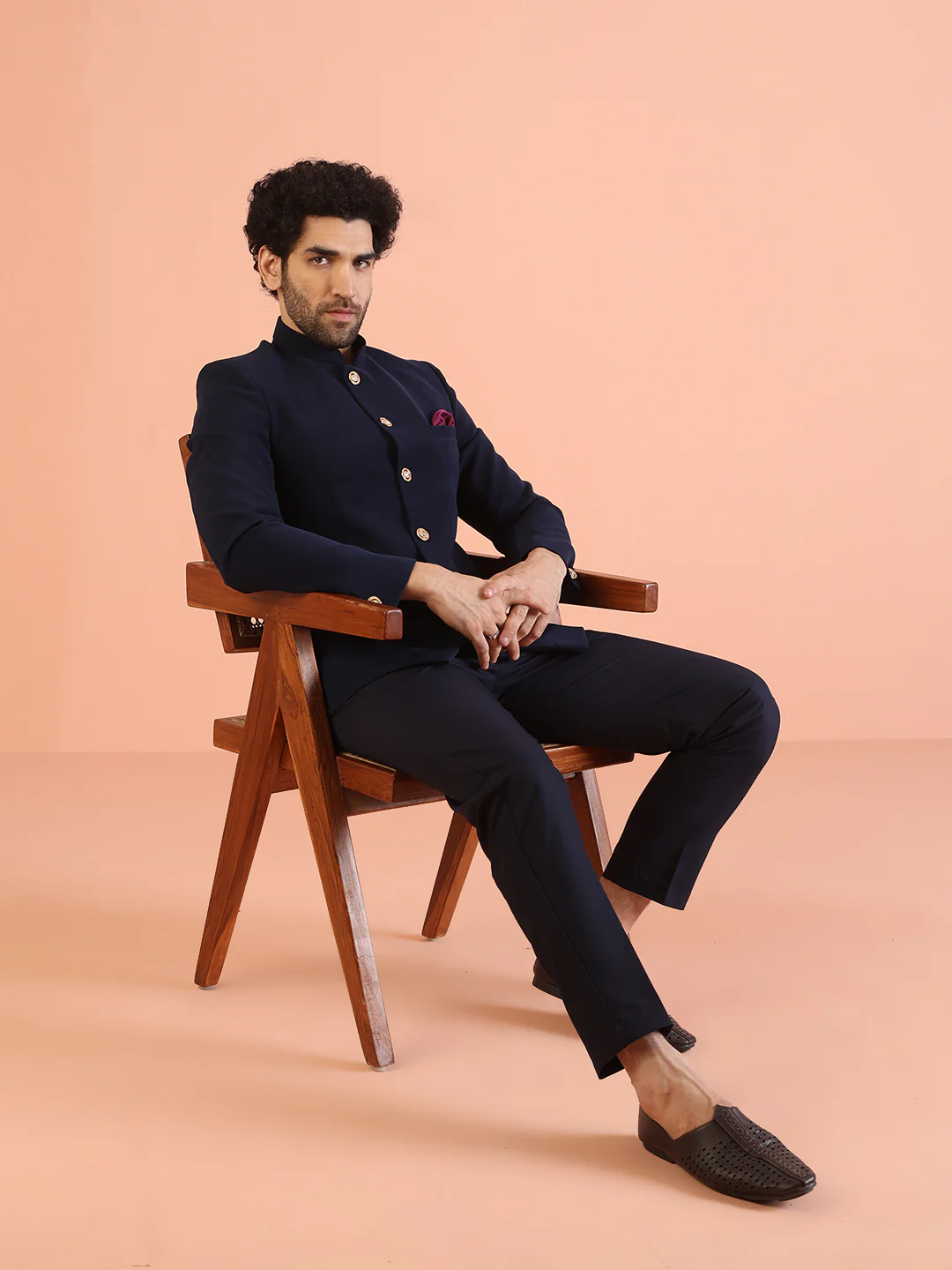 Navy Blue Solid TR Suiting Jodhpuri Bandhgala Set - Image 8