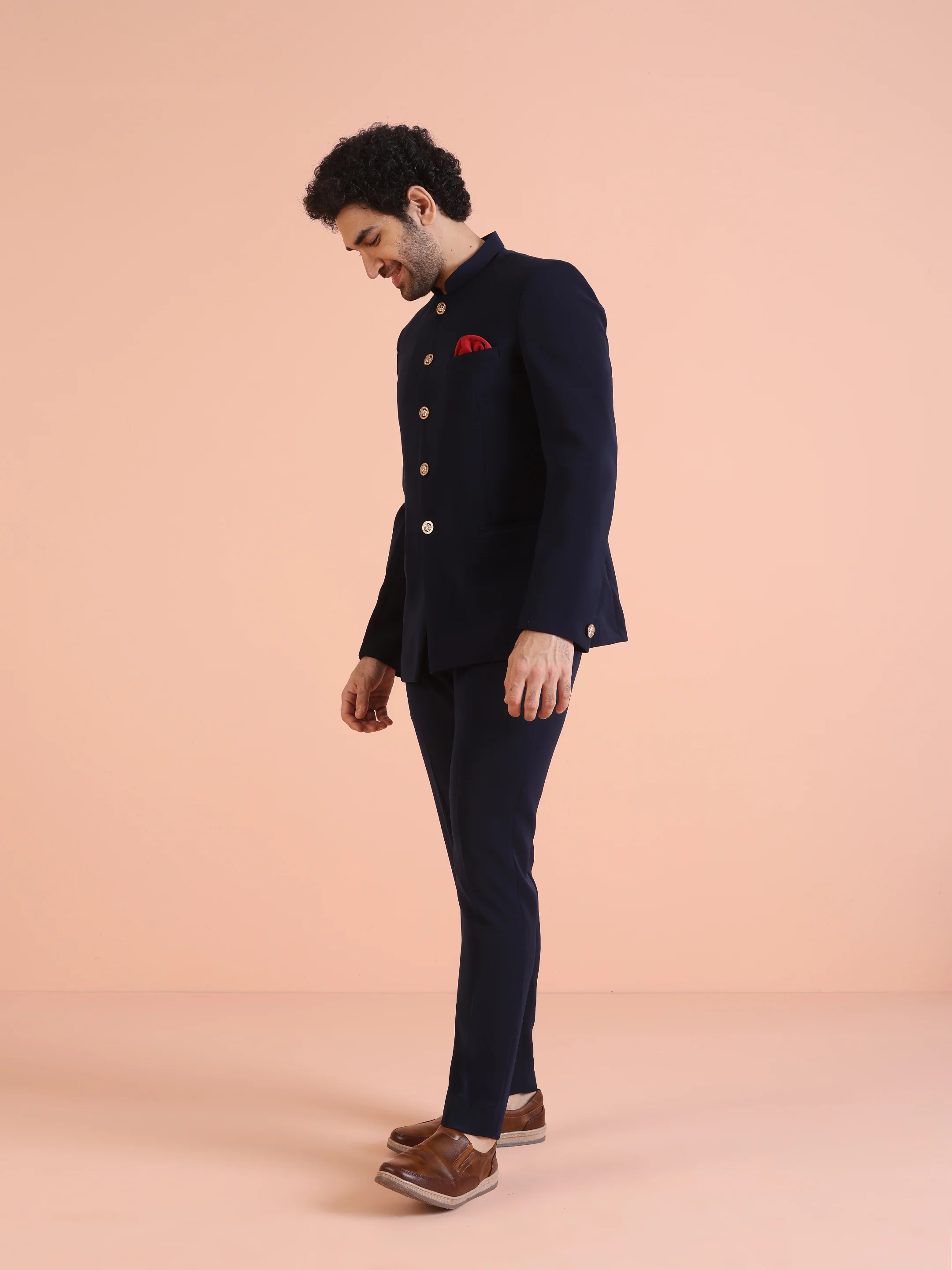 Navy Blue Bandhgala Suit Set with Red Pocket Square - Image 3