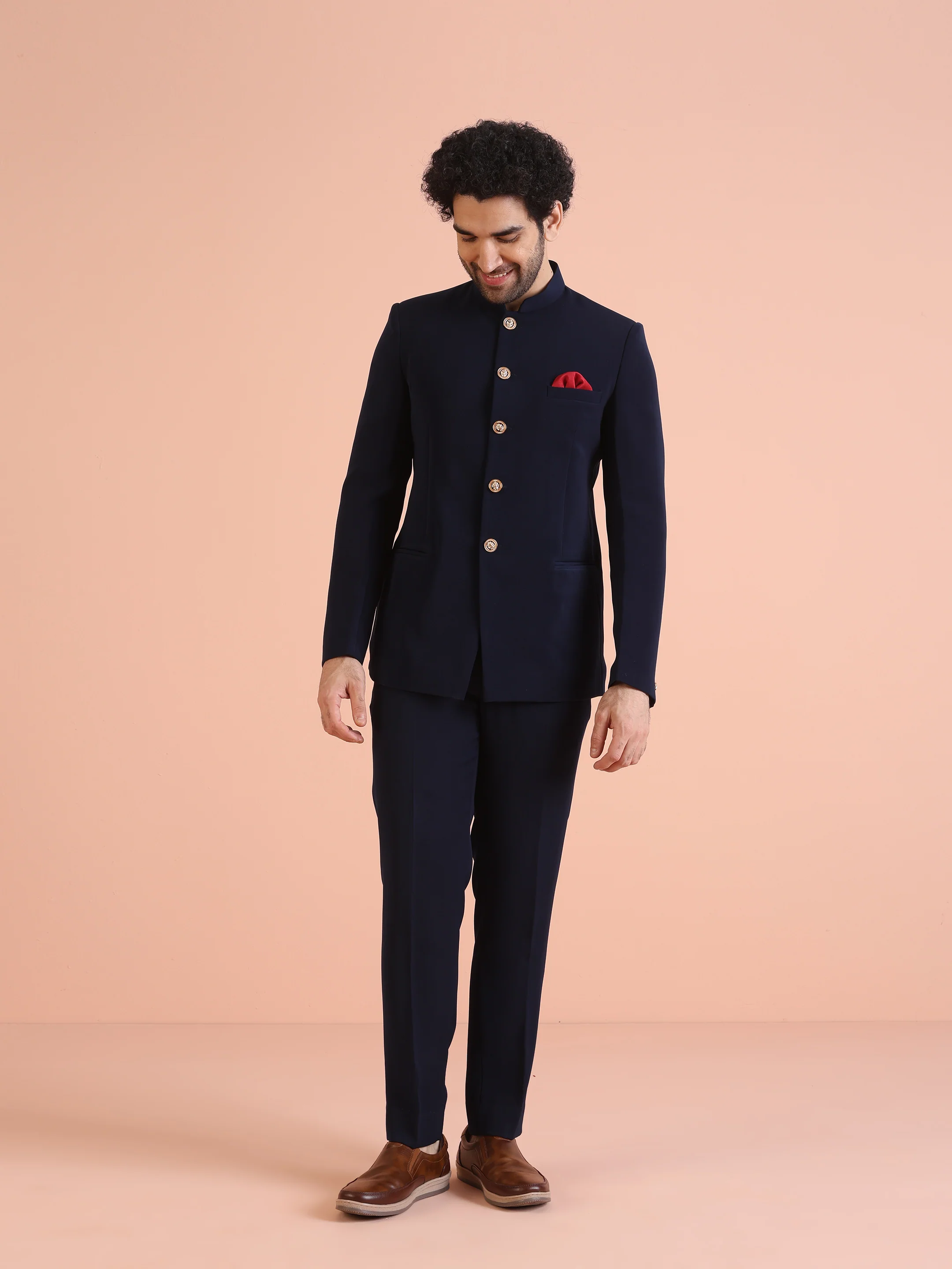 Navy Blue Bandhgala Suit Set with Red Pocket Square - Image 7