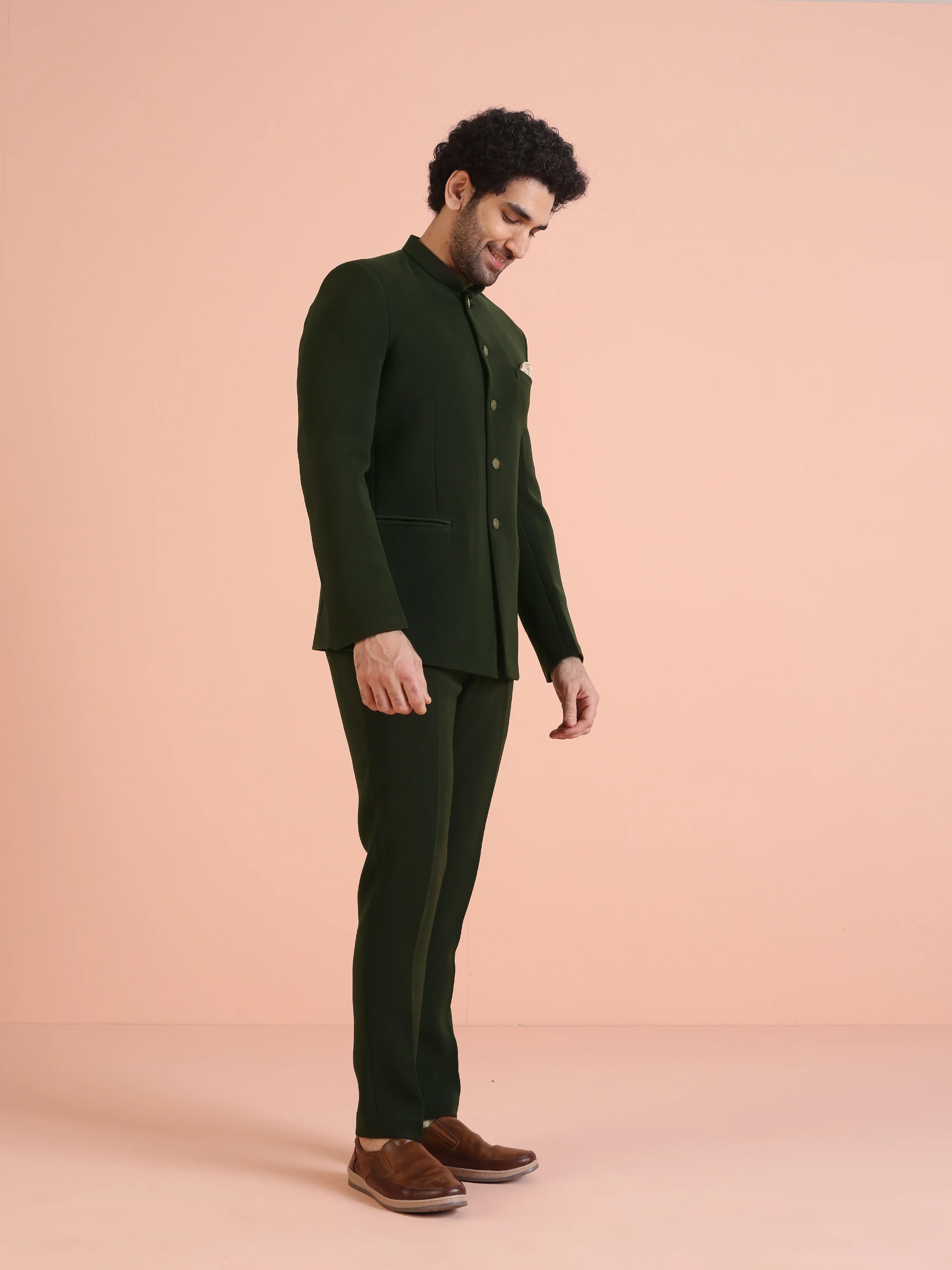 Olive Green Silk Blend Solid Jodhpuri Bandhgala - Image 2