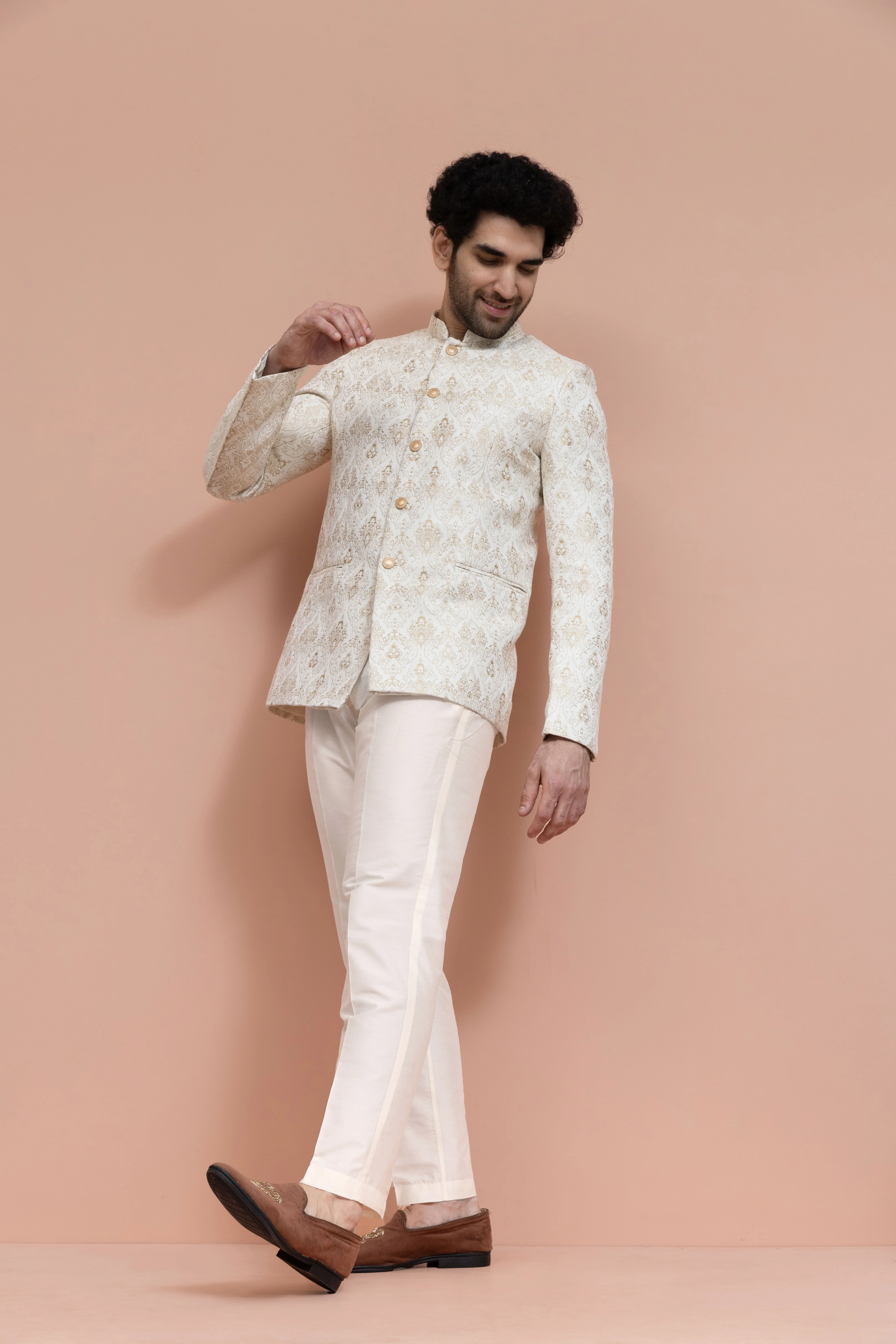 Cream Silk Blend Brocade Jodhpuri Bandhgala - Image 4