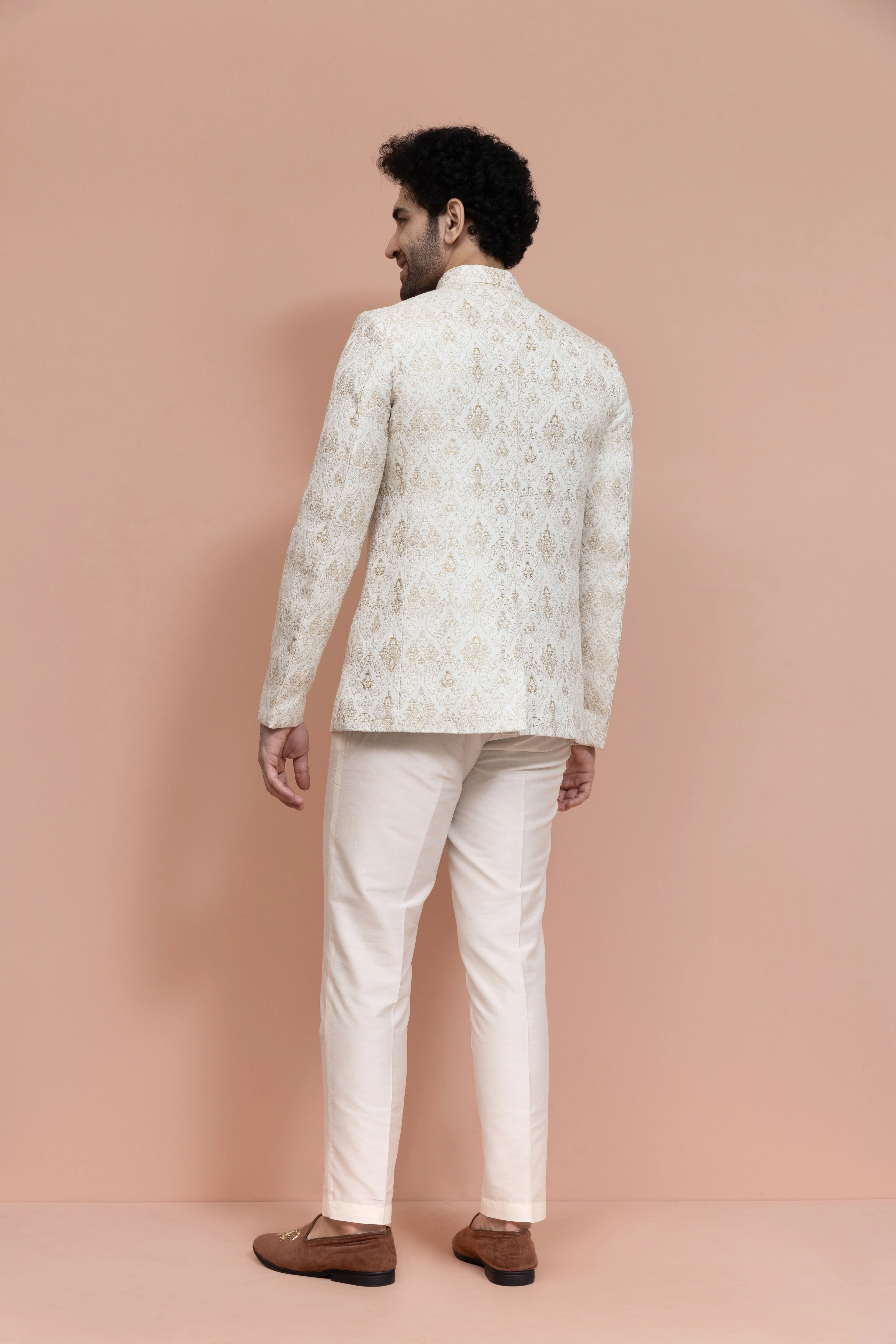 Cream Silk Blend Brocade Jodhpuri Bandhgala - Image 5