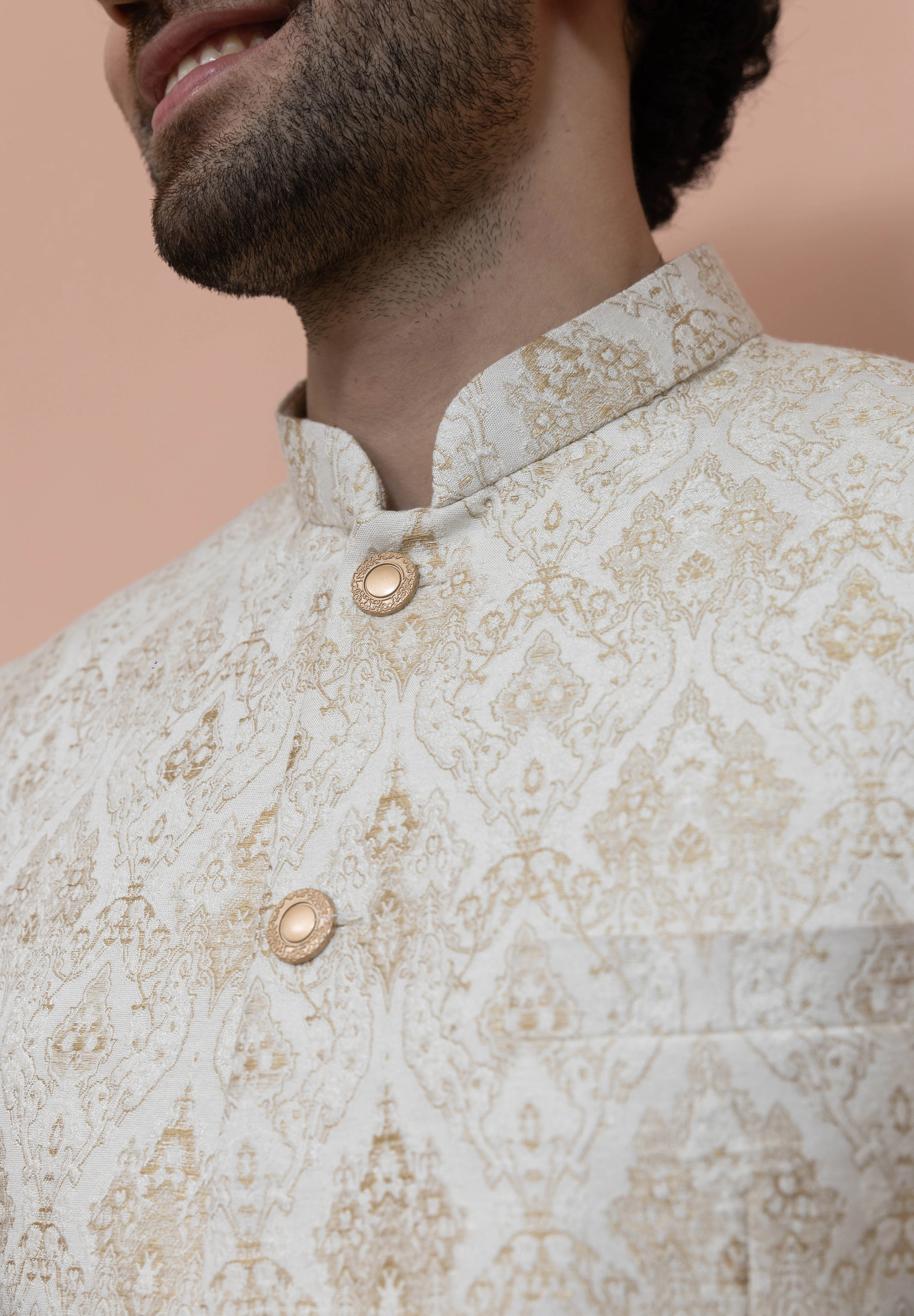 Cream Silk Blend Brocade Jodhpuri Bandhgala - Image 6
