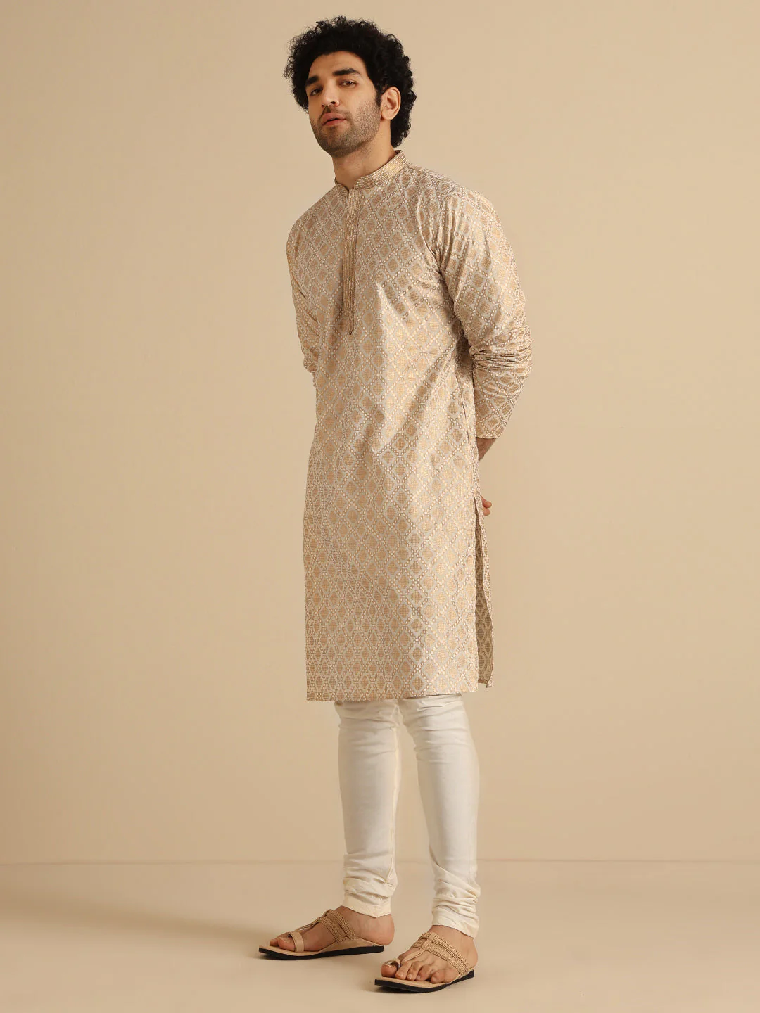 Kisah Beige Silk Blend Kurta with Intricate Woven Design and Mandarin Collar - Image 4