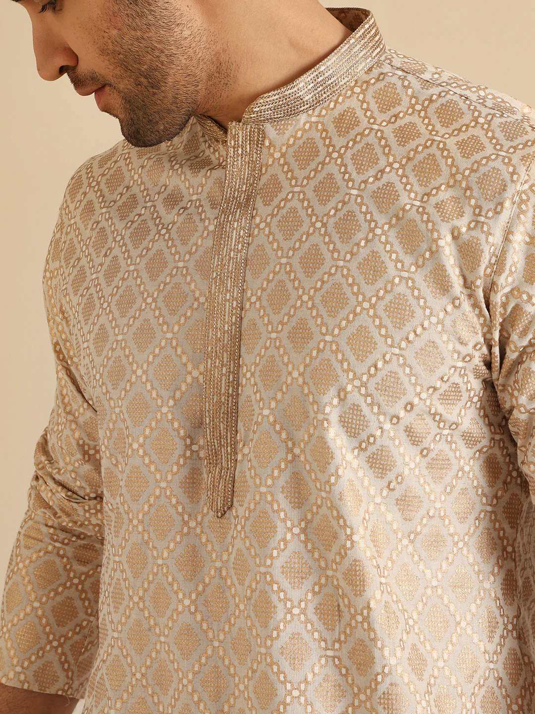 Kisah Beige Silk Blend Kurta with Intricate Woven Design and Mandarin Collar - Image 6