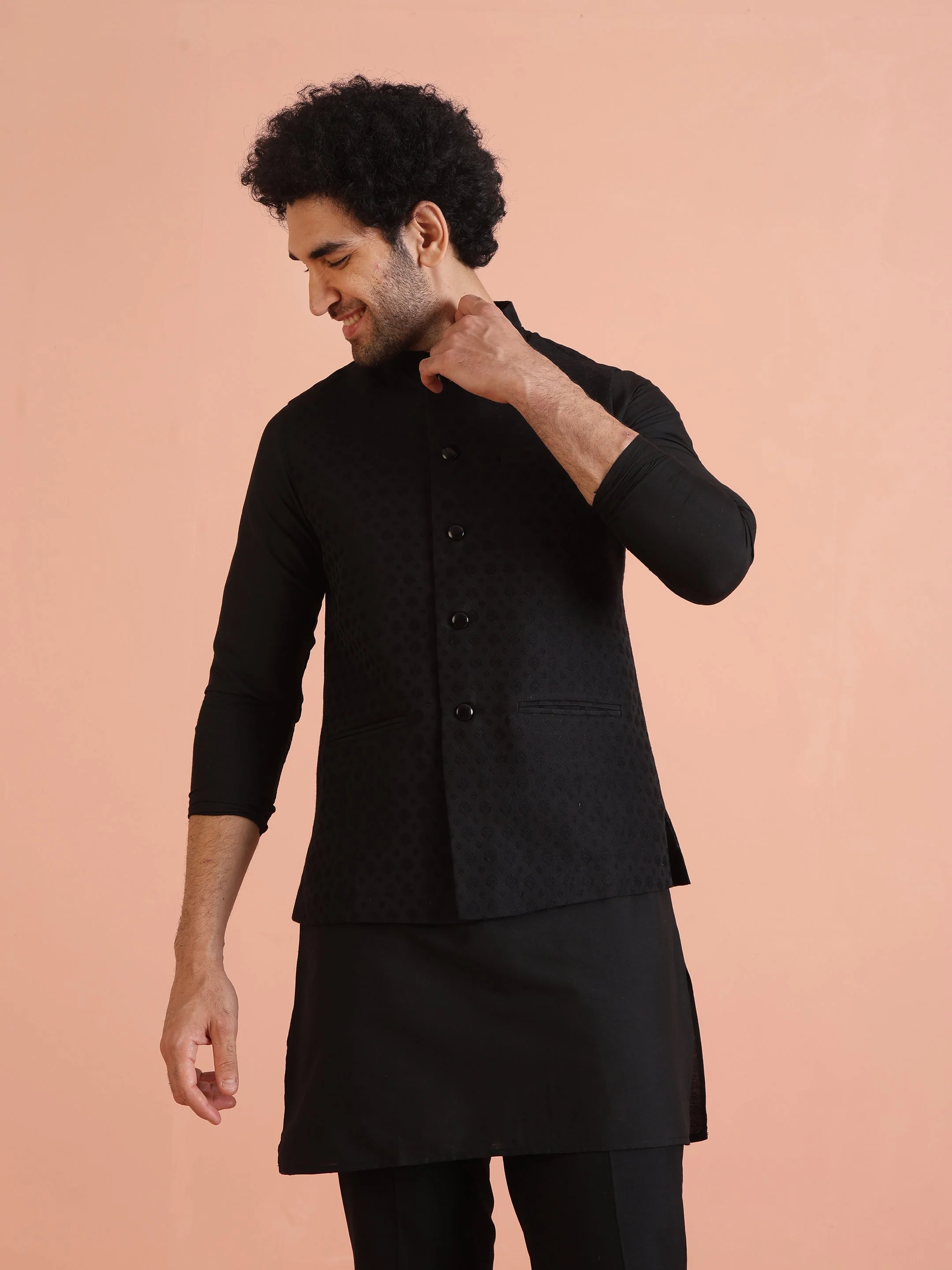 Kisah Black Silk Blend Textured Nehru Jacket - Image 2
